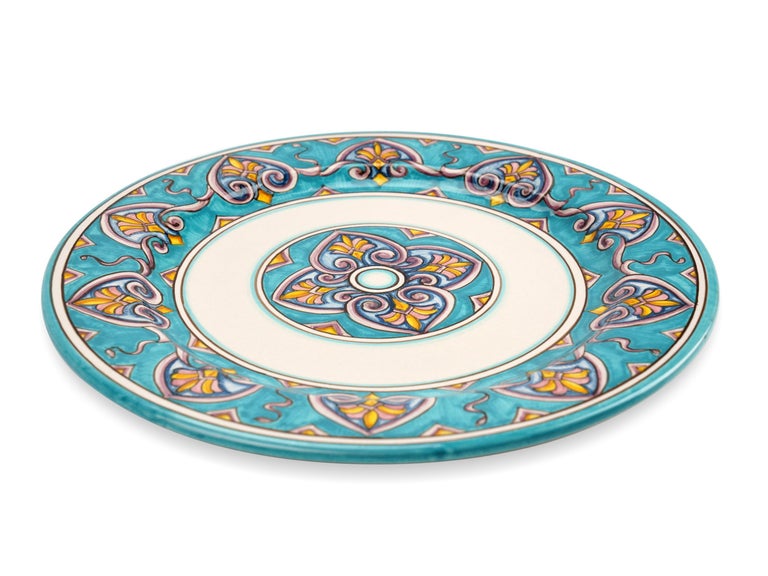 Modern Charger Plate Set Four Dinner Plates Serveware Majolica Aquamarine Hand Painted  For Sale