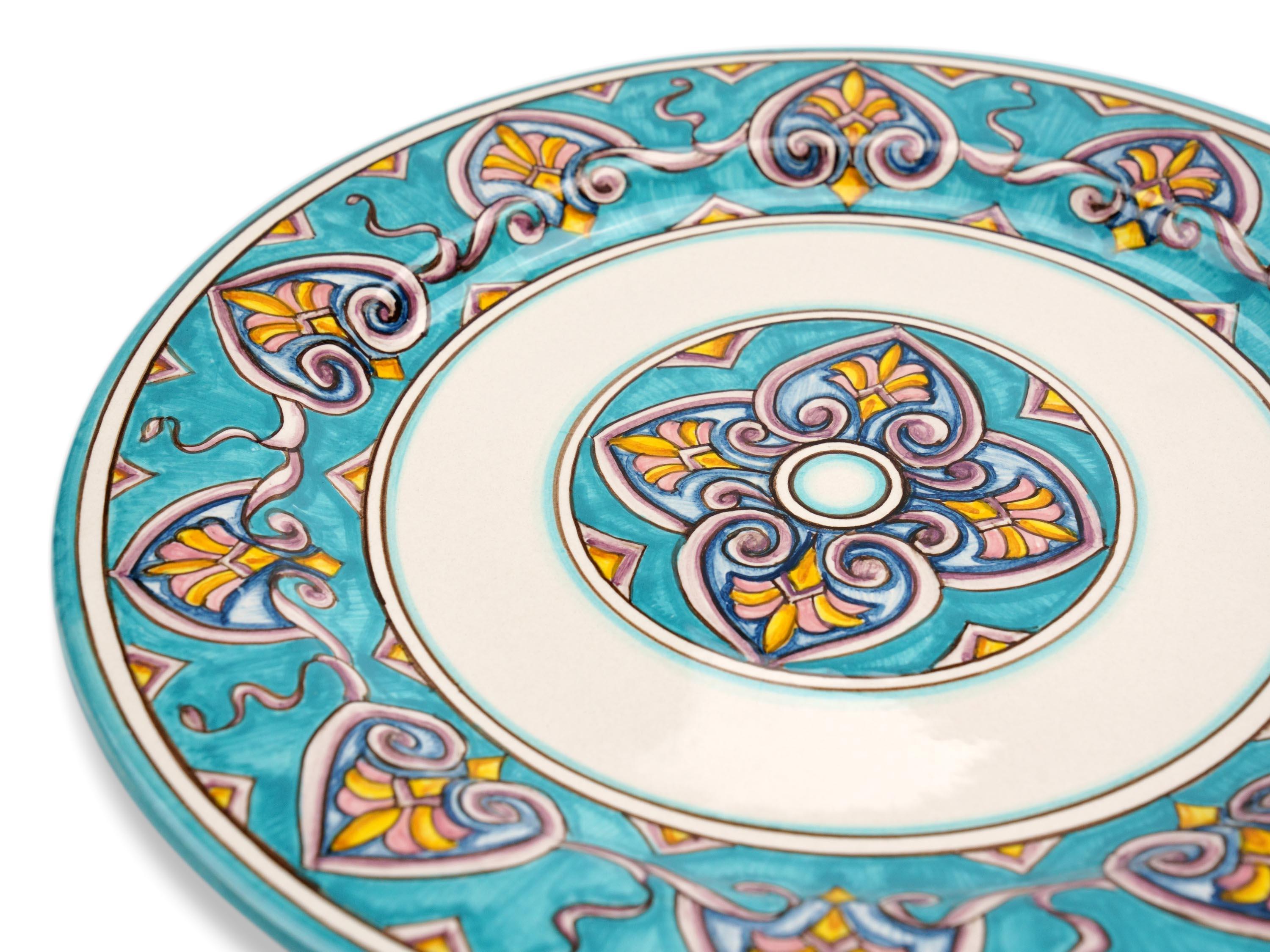 Contemporary Charger Plate Set Four Dinner Plates Serveware Majolica Aquamarine Hand Painted  For Sale