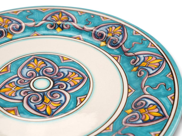 Ceramic Charger Plate Set Four Dinner Plates Serveware Majolica Aquamarine Hand Painted  For Sale