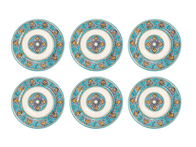 This colorful and elegant set of 6 majolica charger plates is handmade and hand-painted in Italy following the original Renaissance painting technique, unchanged over time, which we observe to the letter: every artist's brushstroke, which you can