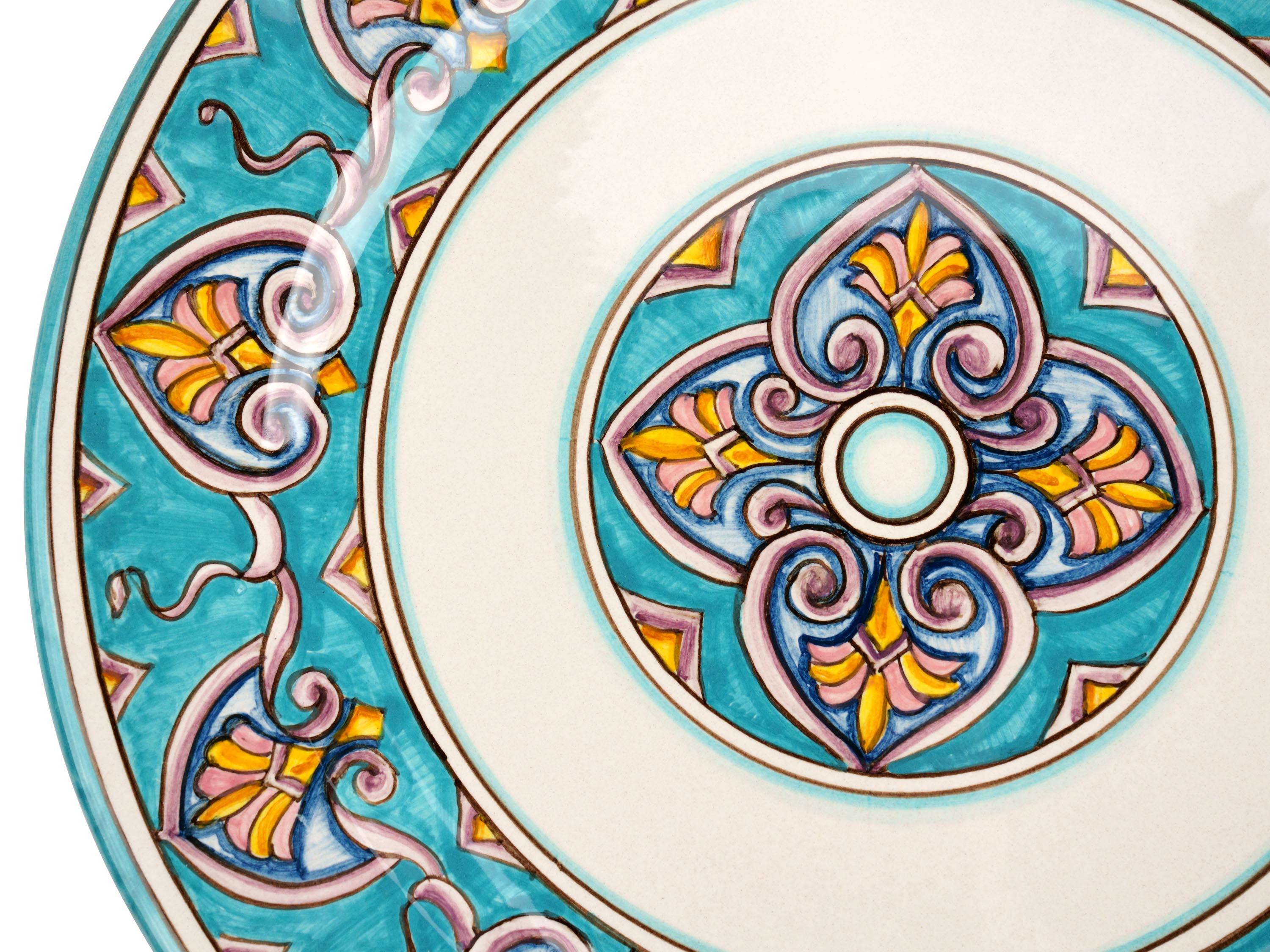 Italian Charger Plate Set Six Dinner Plates Table Serveware Majolica Aquamarine Painted For Sale