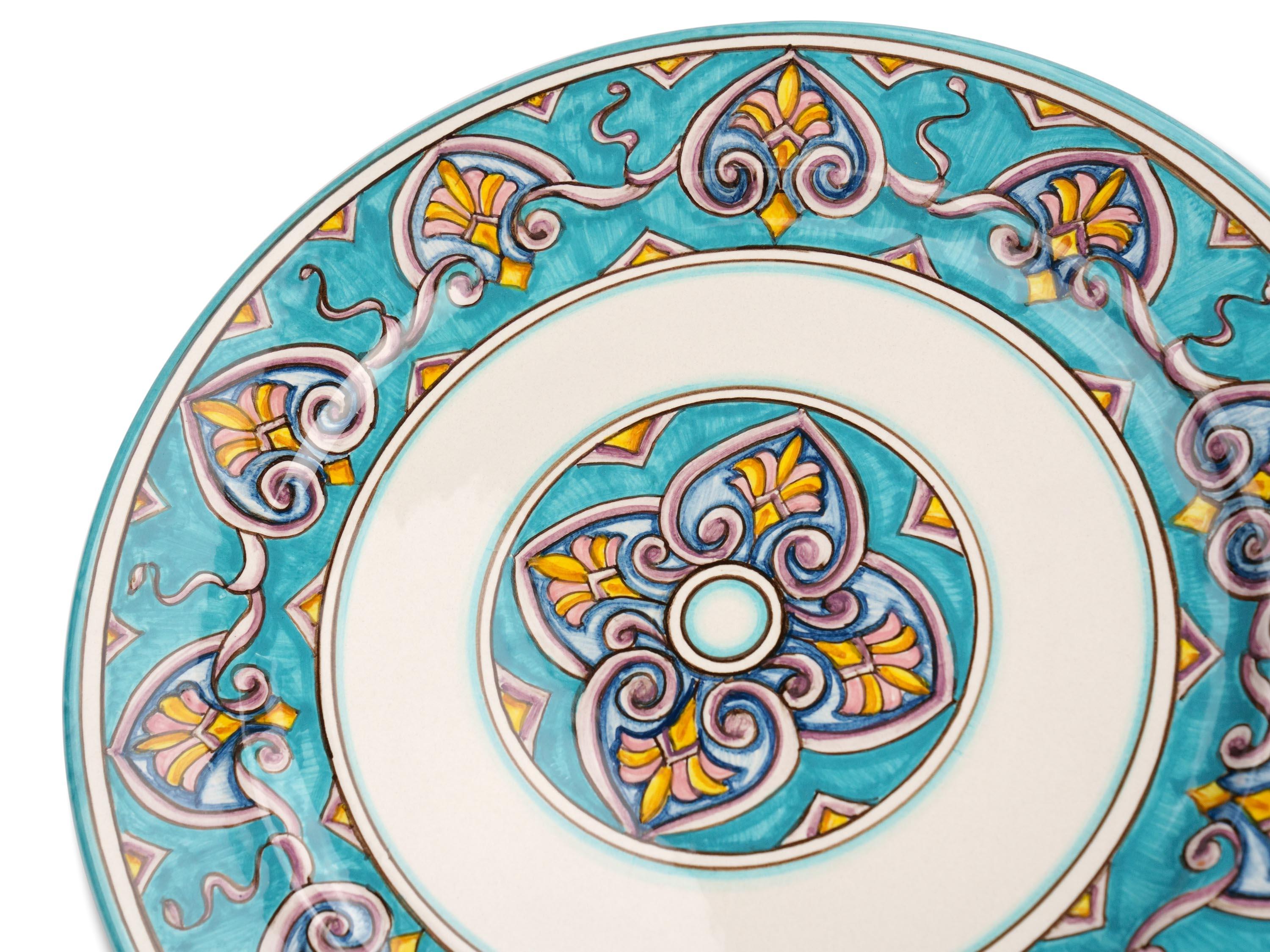 Hand-Crafted Charger Plate Set Six Dinner Plates Table Serveware Majolica Aquamarine Painted For Sale