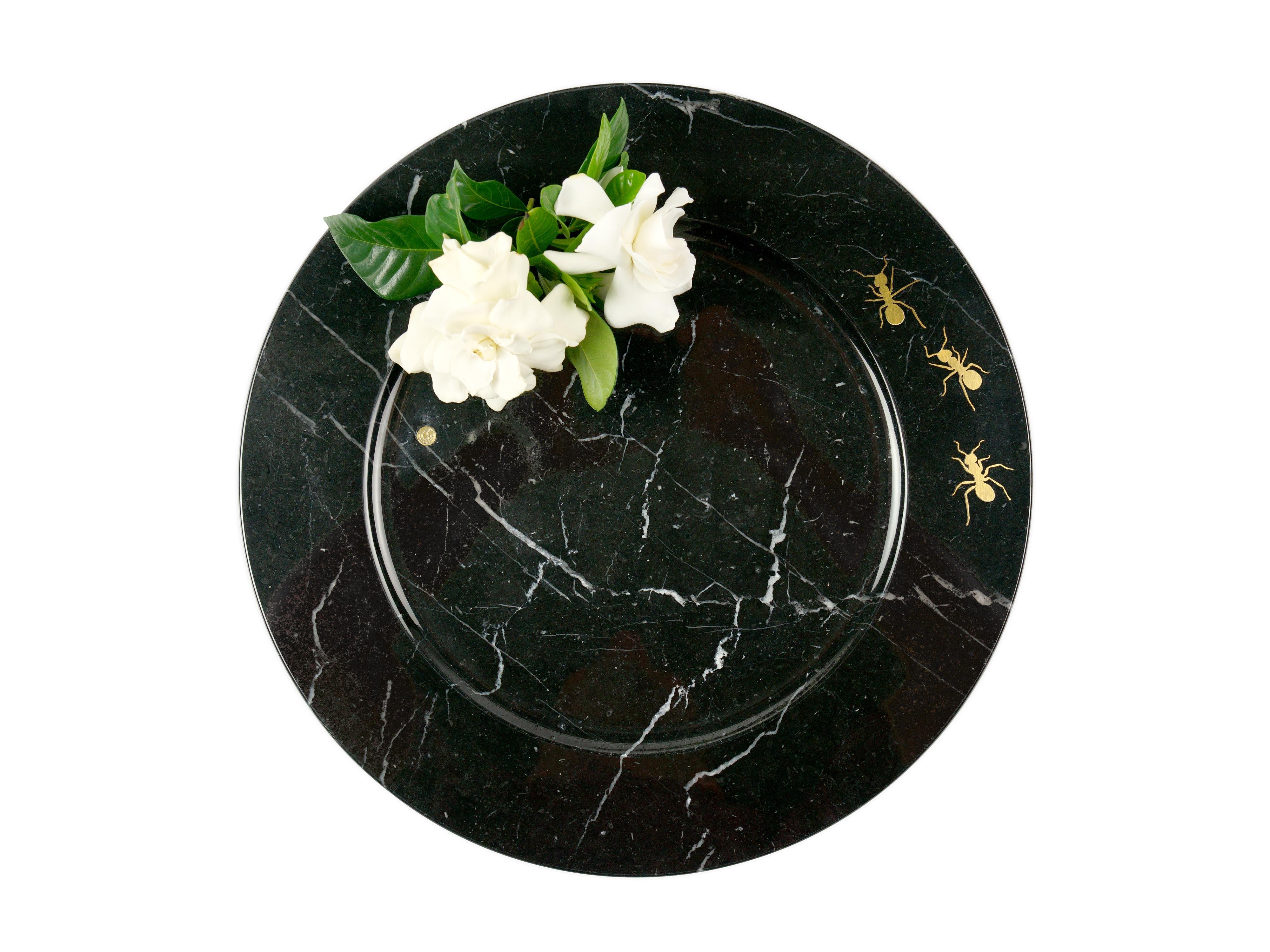 Hand-Carved Charger Plates Platters Serveware Set of Six Black Marquinia Marble with Brass For Sale