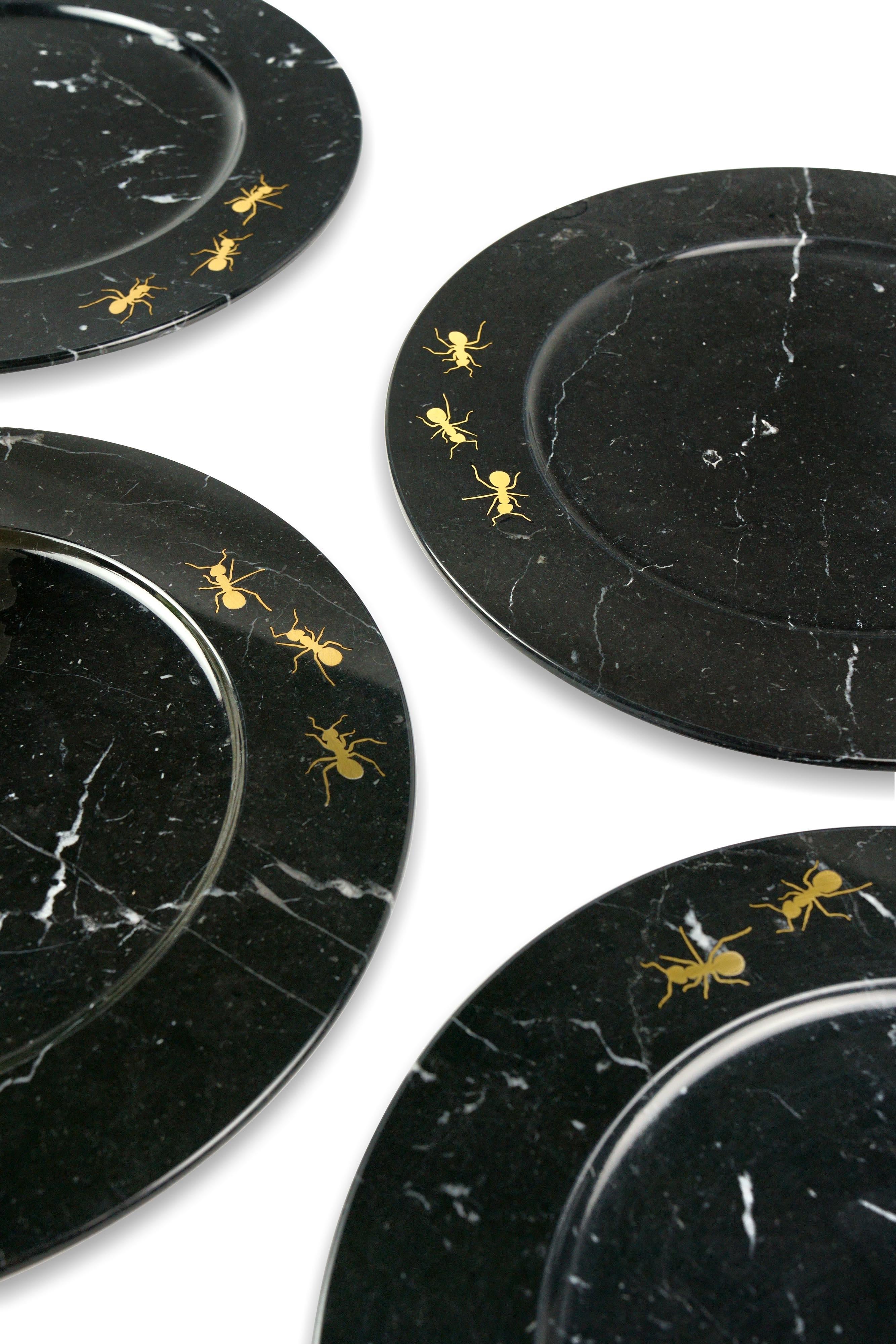 Contemporary Charger Plates Platters Serveware Set of Six Black Marquinia Marble with Brass For Sale
