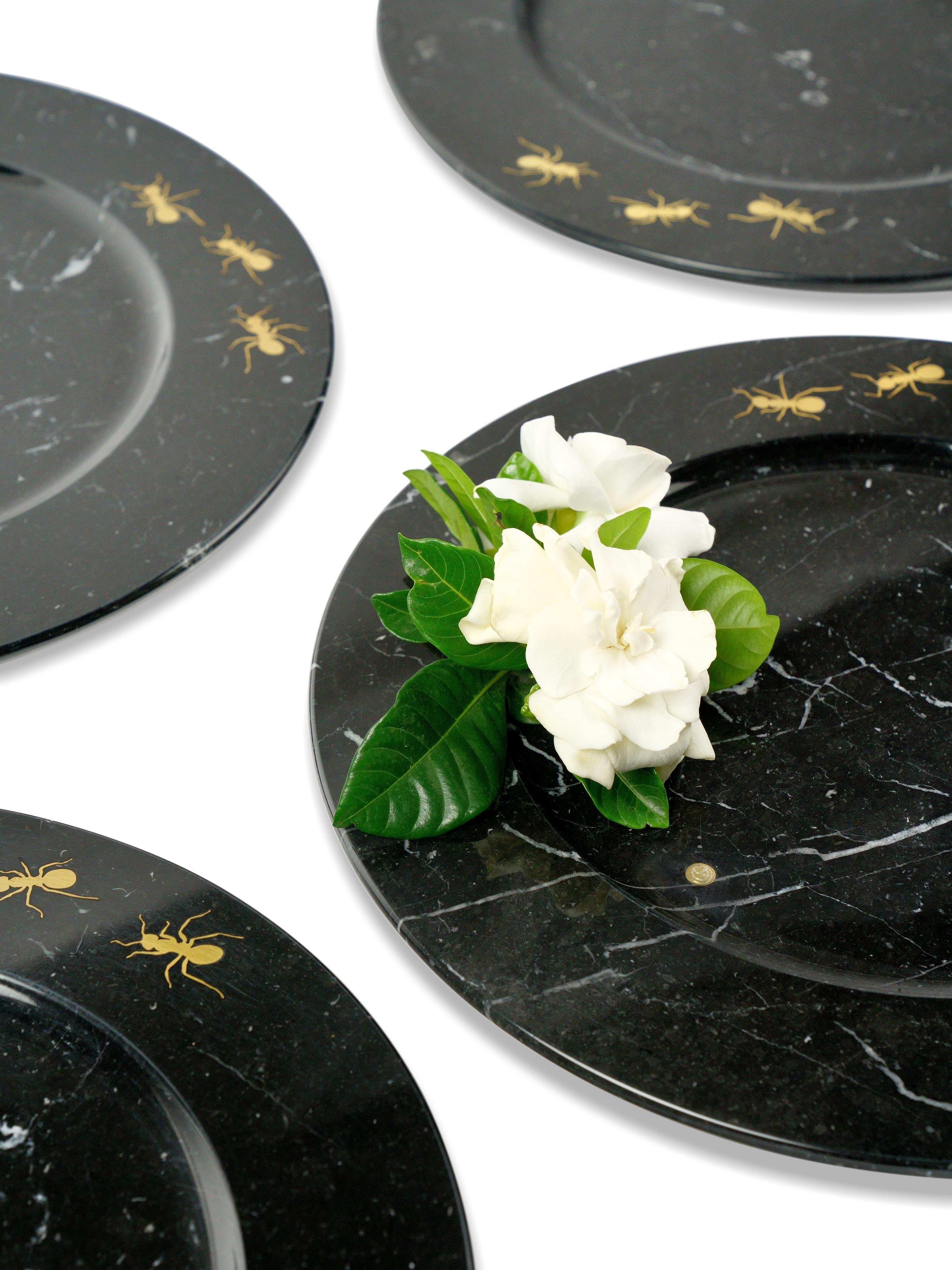 Contemporary Charger Plates Platters Serveware set Six Black Marquinia Brass Handmade Italy For Sale