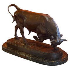 "Charging Bull "Bronze on Marble Base by Isadore Jules Bonheur