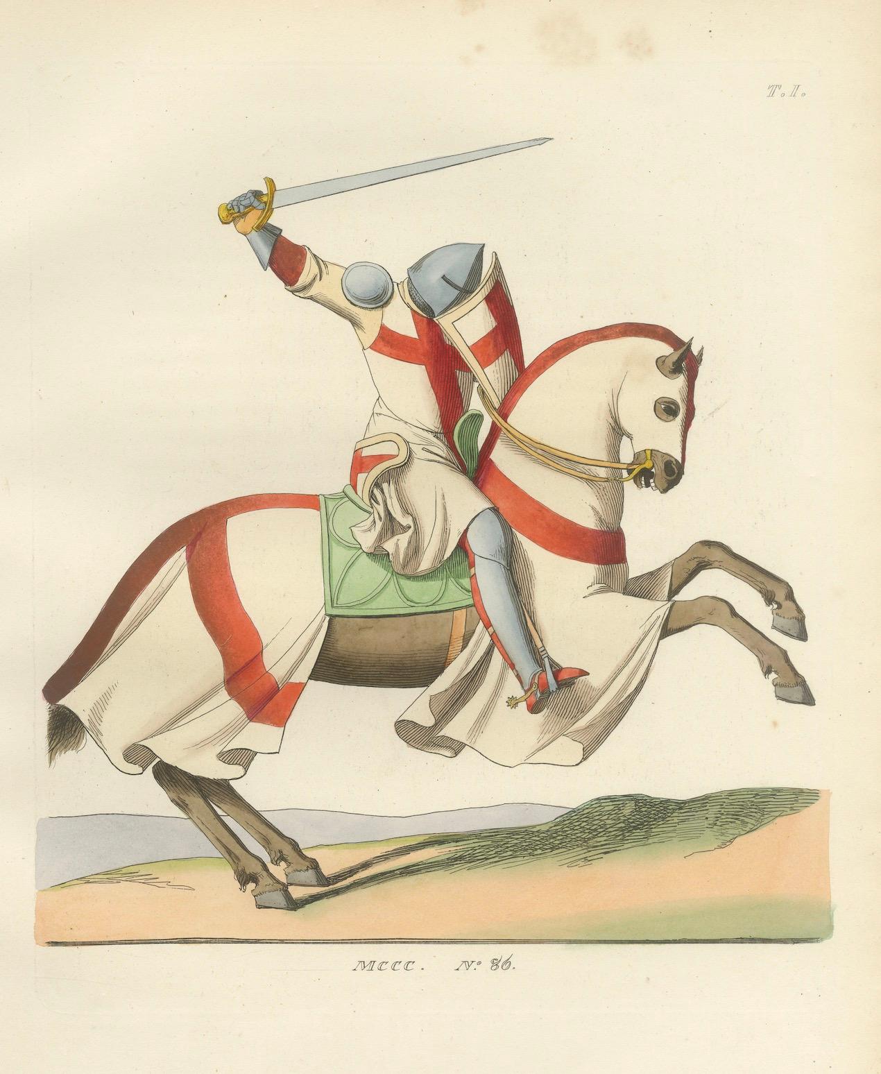 Mounted Crusader in Full Charge with Sword and Shield, circa 1400

Description
This powerful hand-colored engraving, Plate No. 86 from the prestigious 1845 publication Costumes Historiques des XIIIe, XIVe et XVe Siècles, captures the full energy and