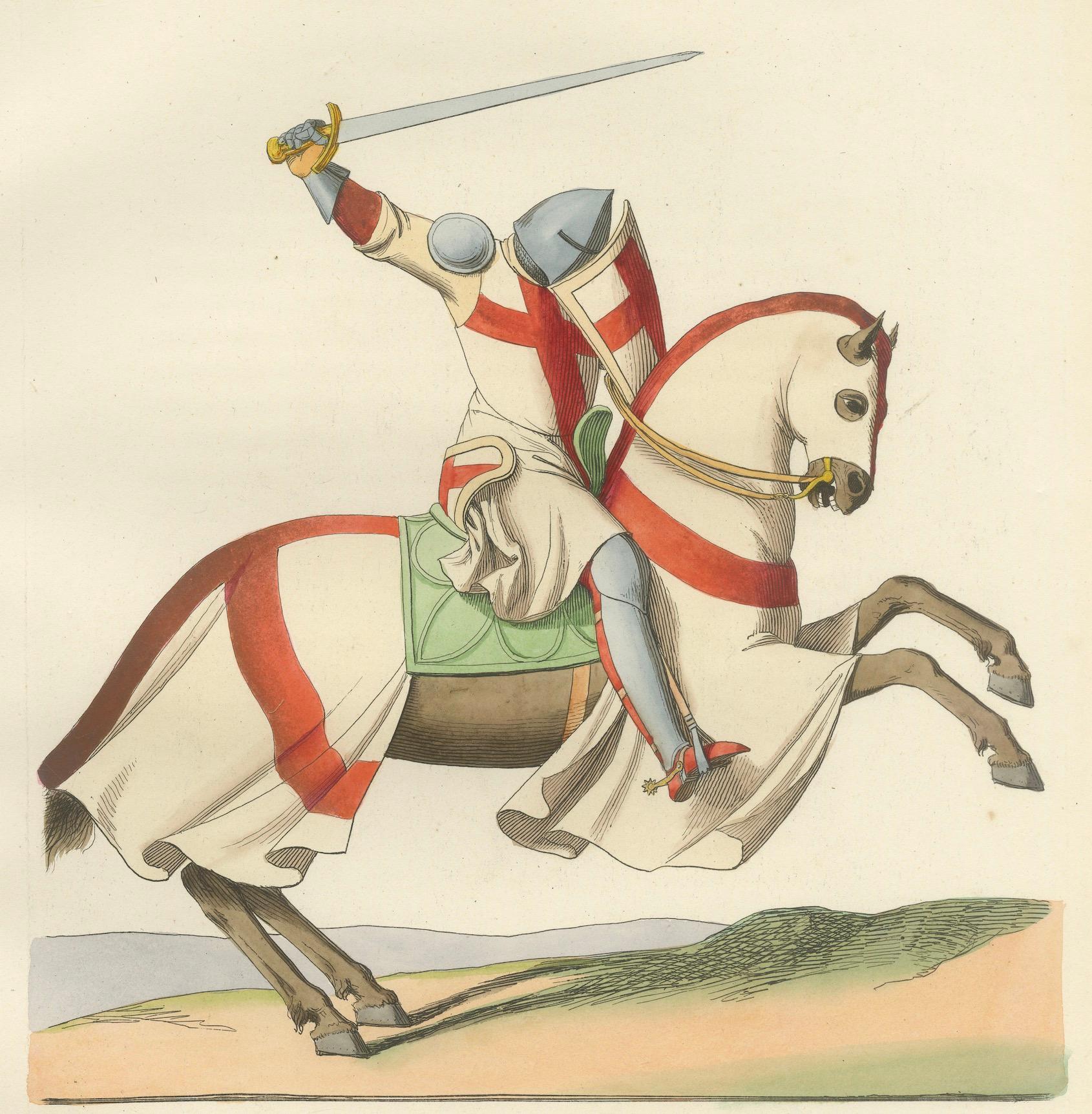 French Charging Crusader Knight – Medieval Armor Print, circa 1400, published in 1845 For Sale