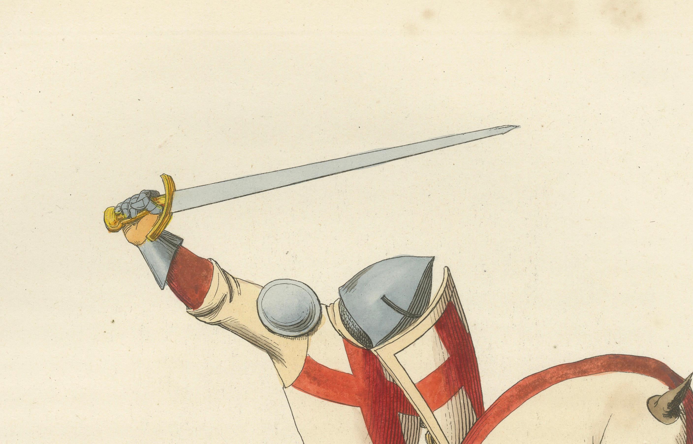 Engraved Charging Crusader Knight – Medieval Armor Print, circa 1400, published in 1845 For Sale