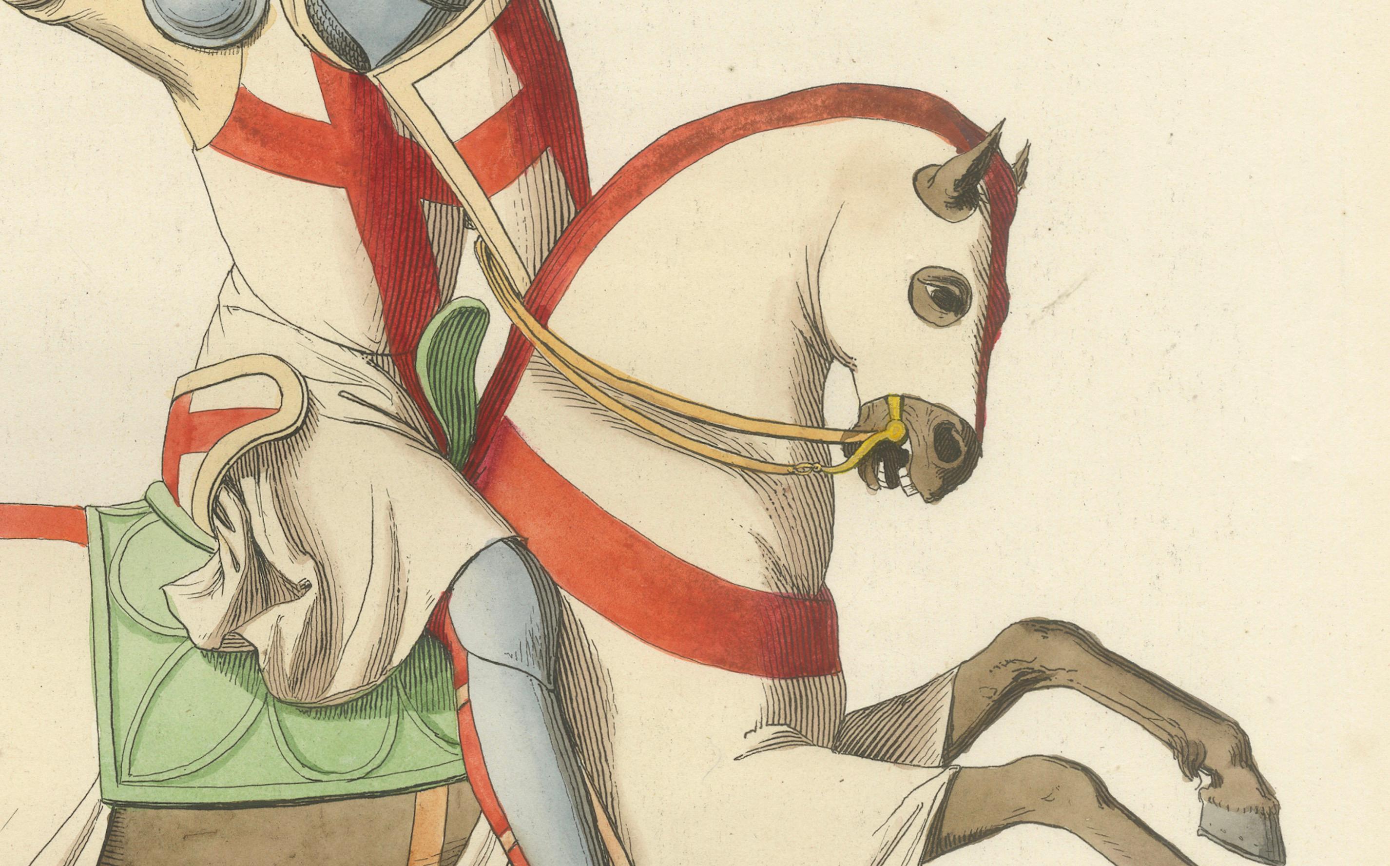 Charging Crusader Knight – Medieval Armor Print, circa 1400, published in 1845 In Good Condition For Sale In Langweer, NL