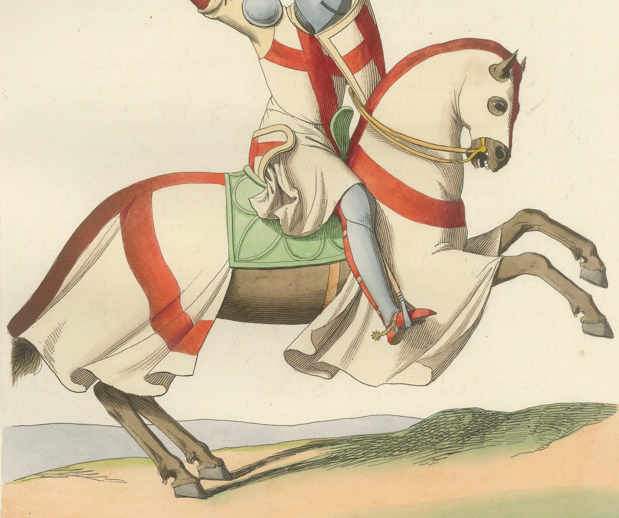 19th Century Charging Crusader Knight – Medieval Armor Print, circa 1400, published in 1845 For Sale