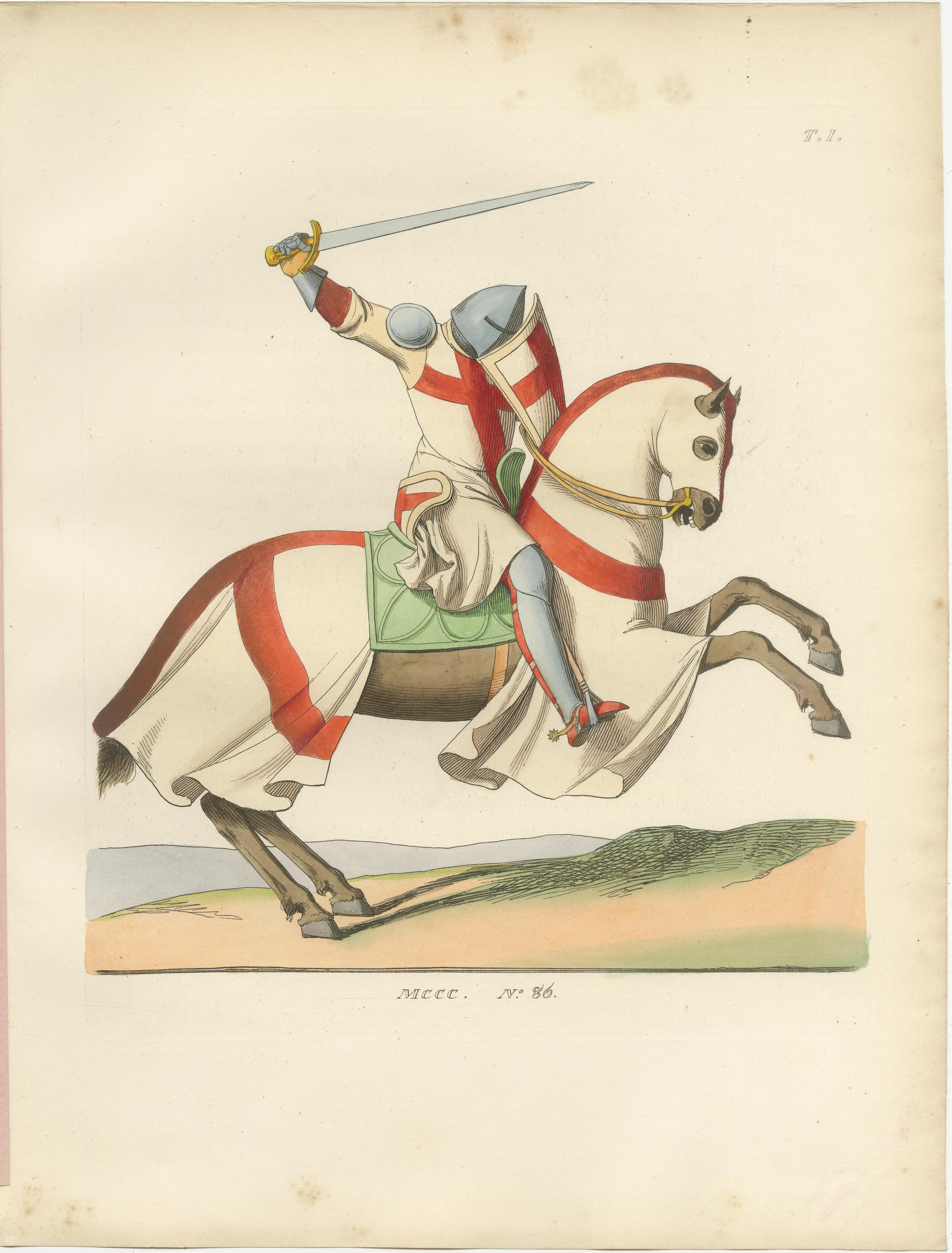 Paper Charging Crusader Knight – Medieval Armor Print, circa 1400, published in 1845 For Sale