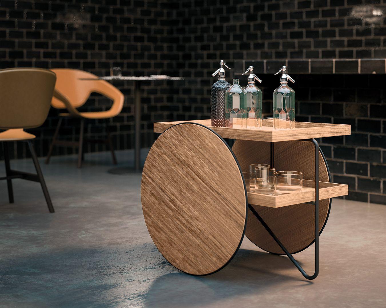 Chariot is a mobile table consisting of three simple elements joined together: wheels, trays and structure. The wheels, which in common carts are usually small, are brought to the extreme size, becoming the iconic element of the project. The rubber