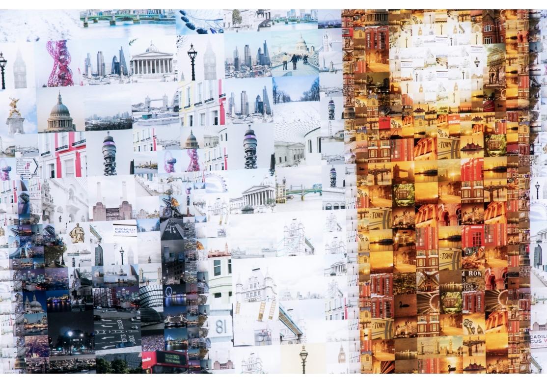 Ein großes und sehr dekoratives Stück, das die Stadt London, England, zum Thema hat. Verso signiertes Galerielabel mit Titel und Auflage 43/100, datiert 2015. Eine farbenfrohe Montage mehrerer Fotos von Londoner Wahrzeichen, darunter Big Ben,