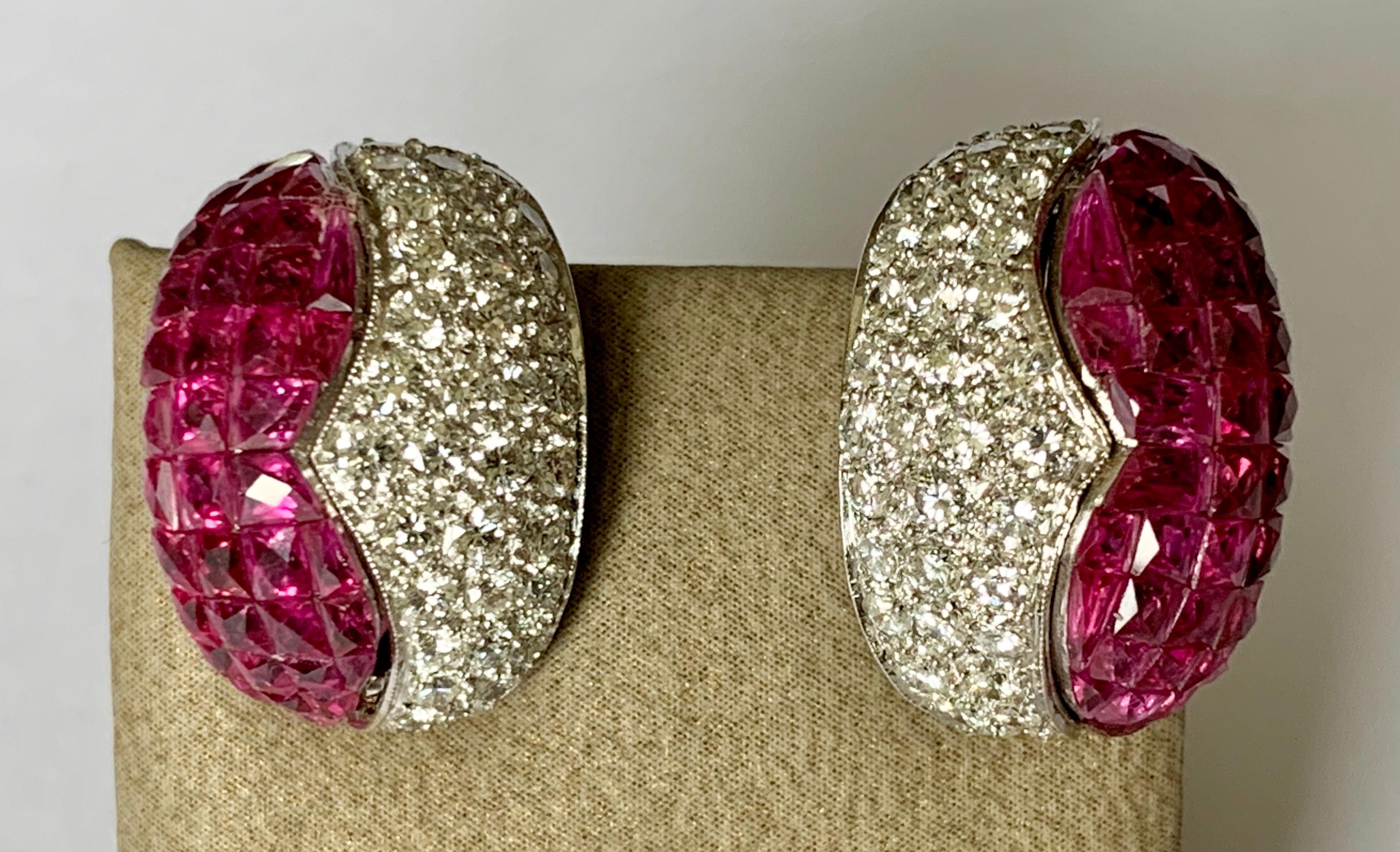 Charismatic and Eeegant 18 Karat Gold Invisible Set Ruby and Diamond Ear Clips For Sale 5