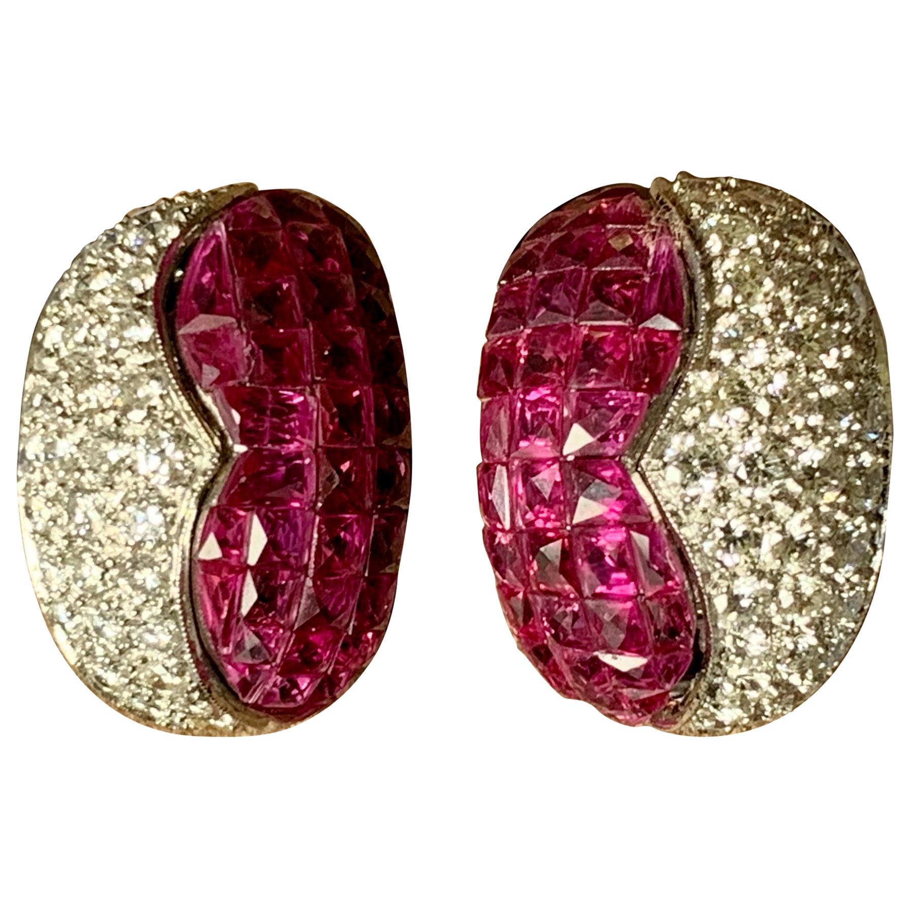 Charismatic and Eeegant 18 Karat Gold Invisible Set Ruby and Diamond Ear Clips For Sale