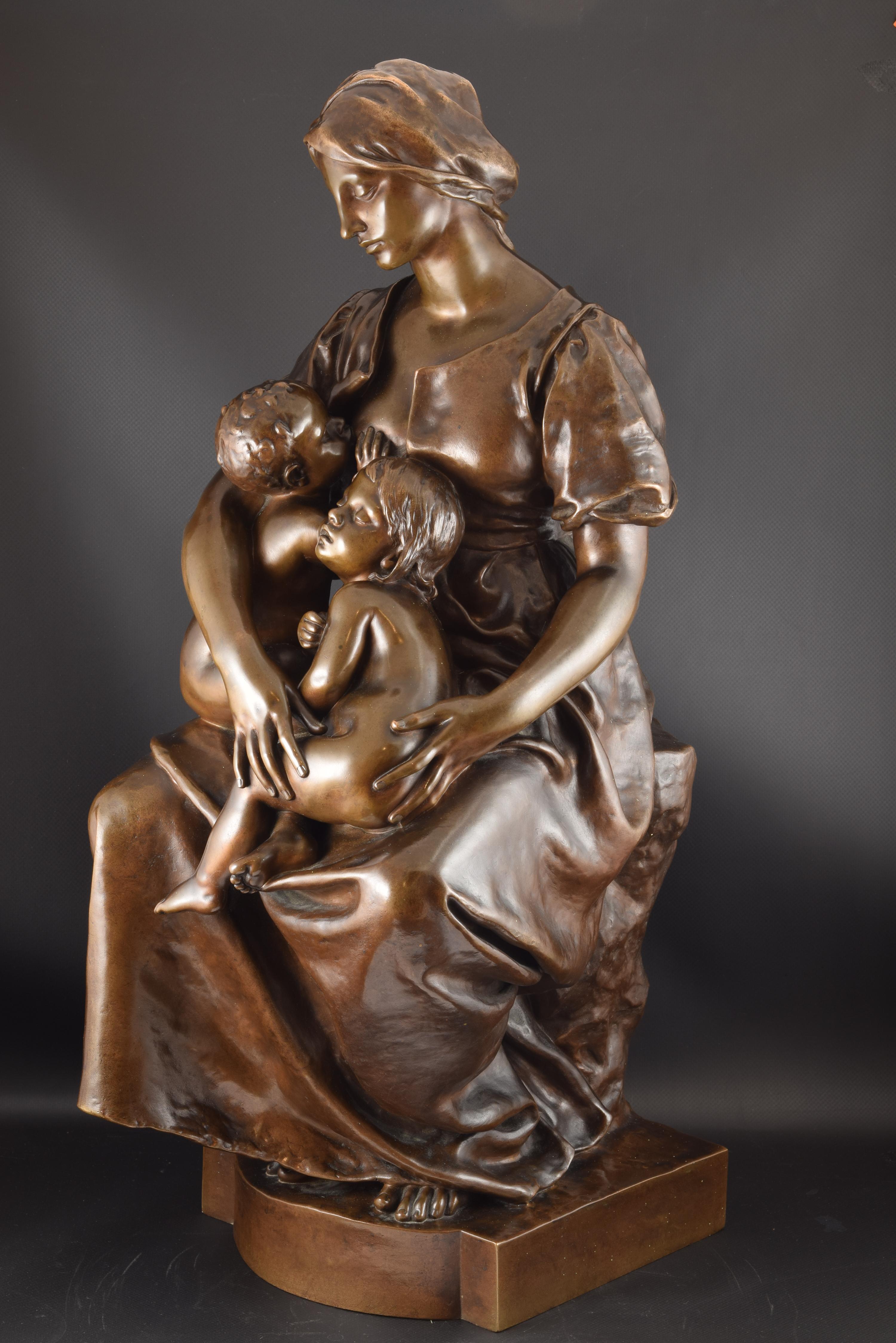 “Charity”, bronze, 19th century French School. Signed Paul Dubois (France, 1829-1905), with founder marks (F. Barbedienne).
Paul Dubois was an artist of received a great recognition in life, especially for his sculptures of small size, so