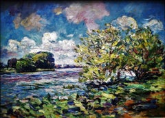 "Lake View”, post-impressionist colourful landscape, original oil on canvas