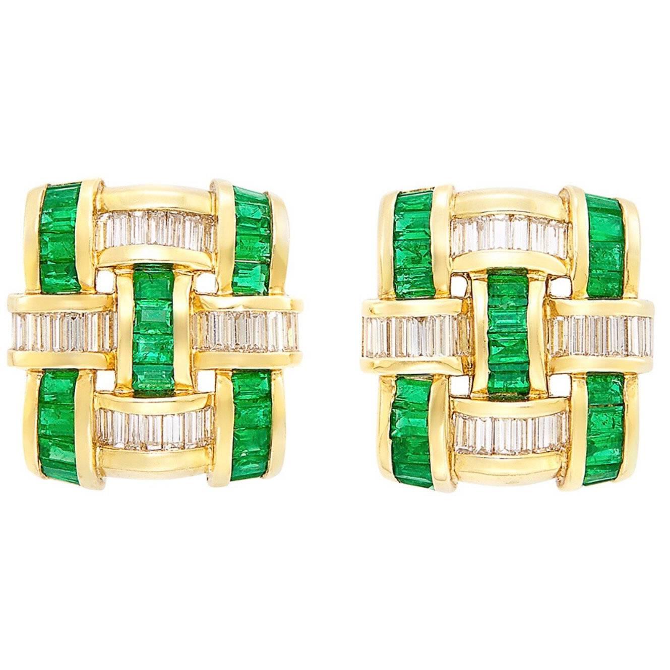 Charle Krypell, 1.90 Carat Diamond, Gold and Emerald Clip-On Earrings For Sale