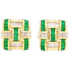 Charle Krypell, 1.90 Carat Diamond, Gold and Emerald Clip-On Earrings