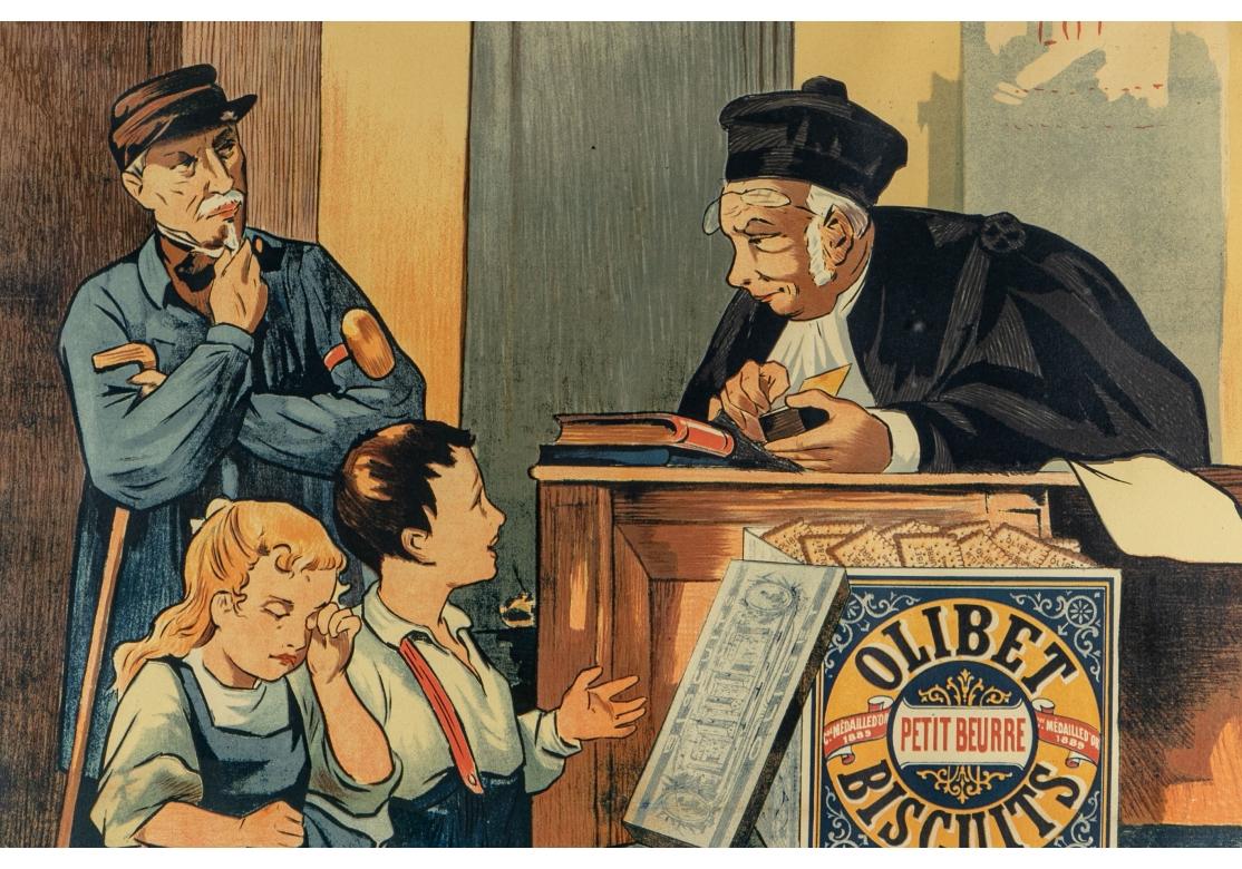 Eine charmante Version der Anzeige mit einem Richter und Kindern. Diesmal ohne den weißen auf blauen Text oben und unten. Gedruckt bei Charle Verneau, Paris.
Poster 57 3/4 x 41 1/4