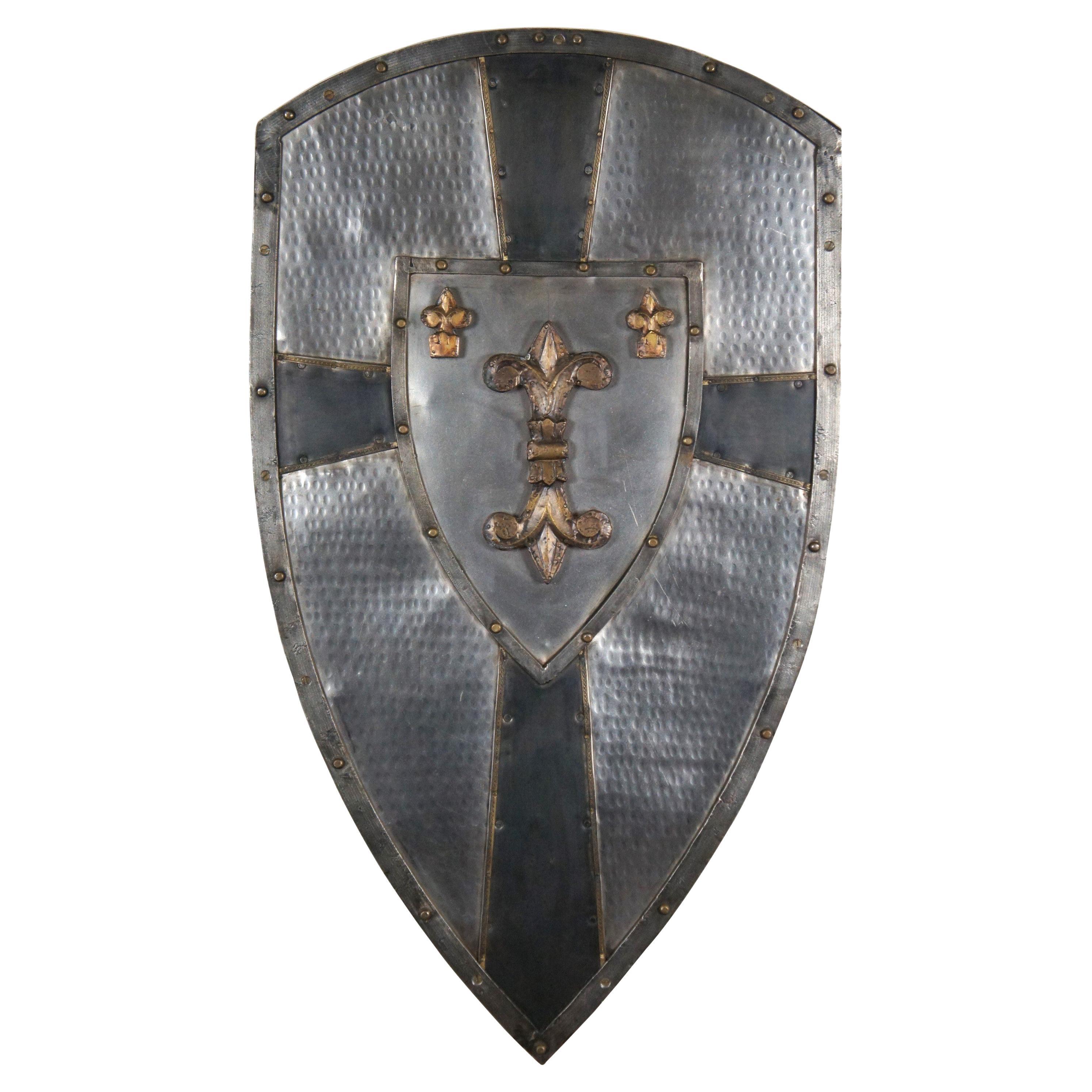 Charlemagne Hammered Metal French Crusader Knights Shield Fleur de Lis 32" For Sale