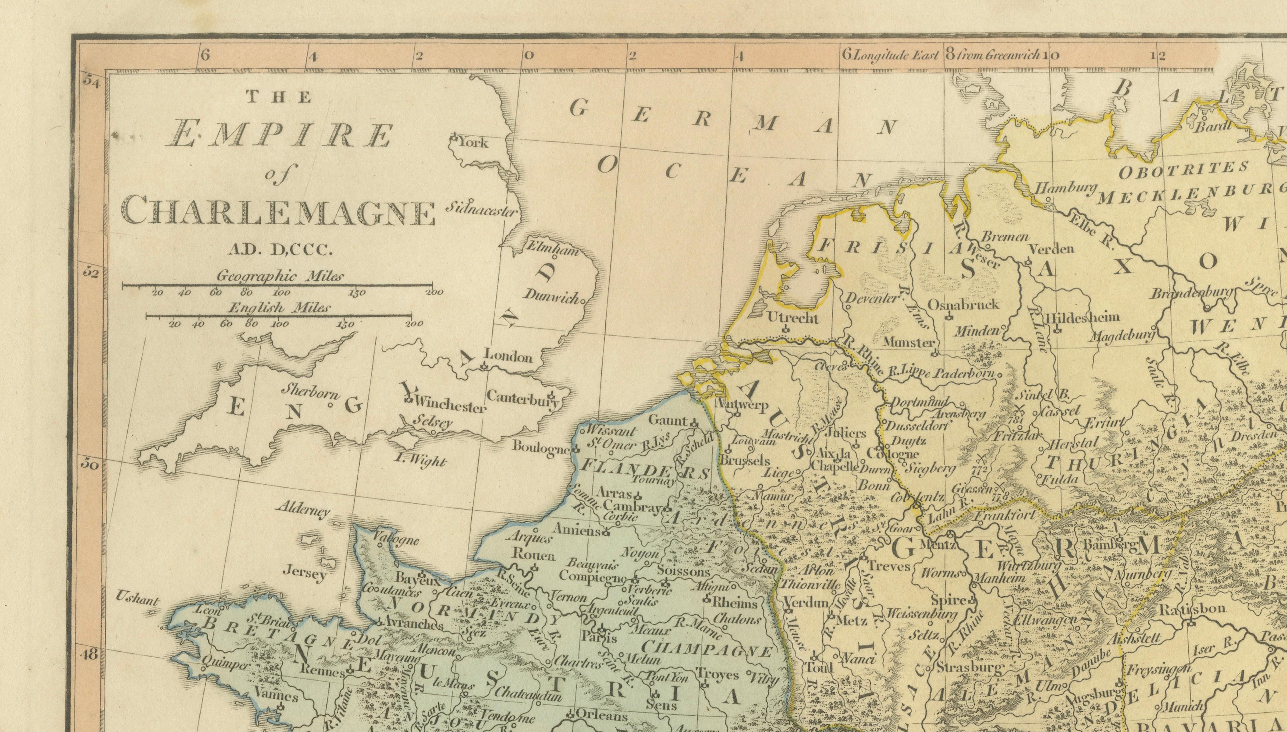 Charlemagne’s Empire Map, Carolingian Europe France Germany Italy 1817