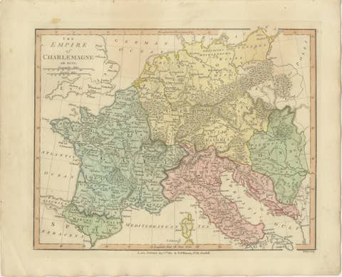 Charlemagne’s Empire Map, Carolingian Europe France Germany Italy 1817