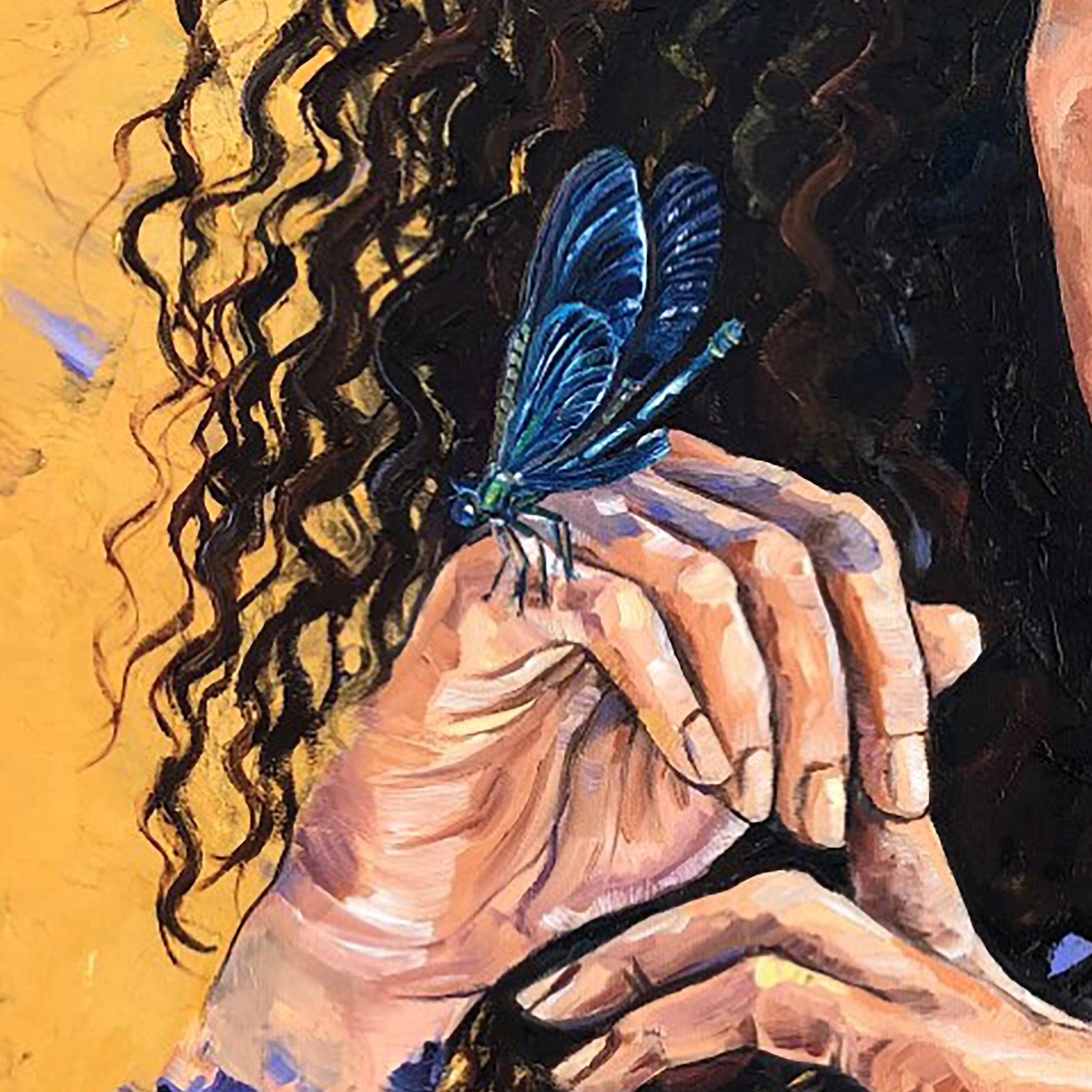 Portrait réaliste avec papillons, « Dans une pensée profonde ». - Réalisme Painting par Charlene Mosley