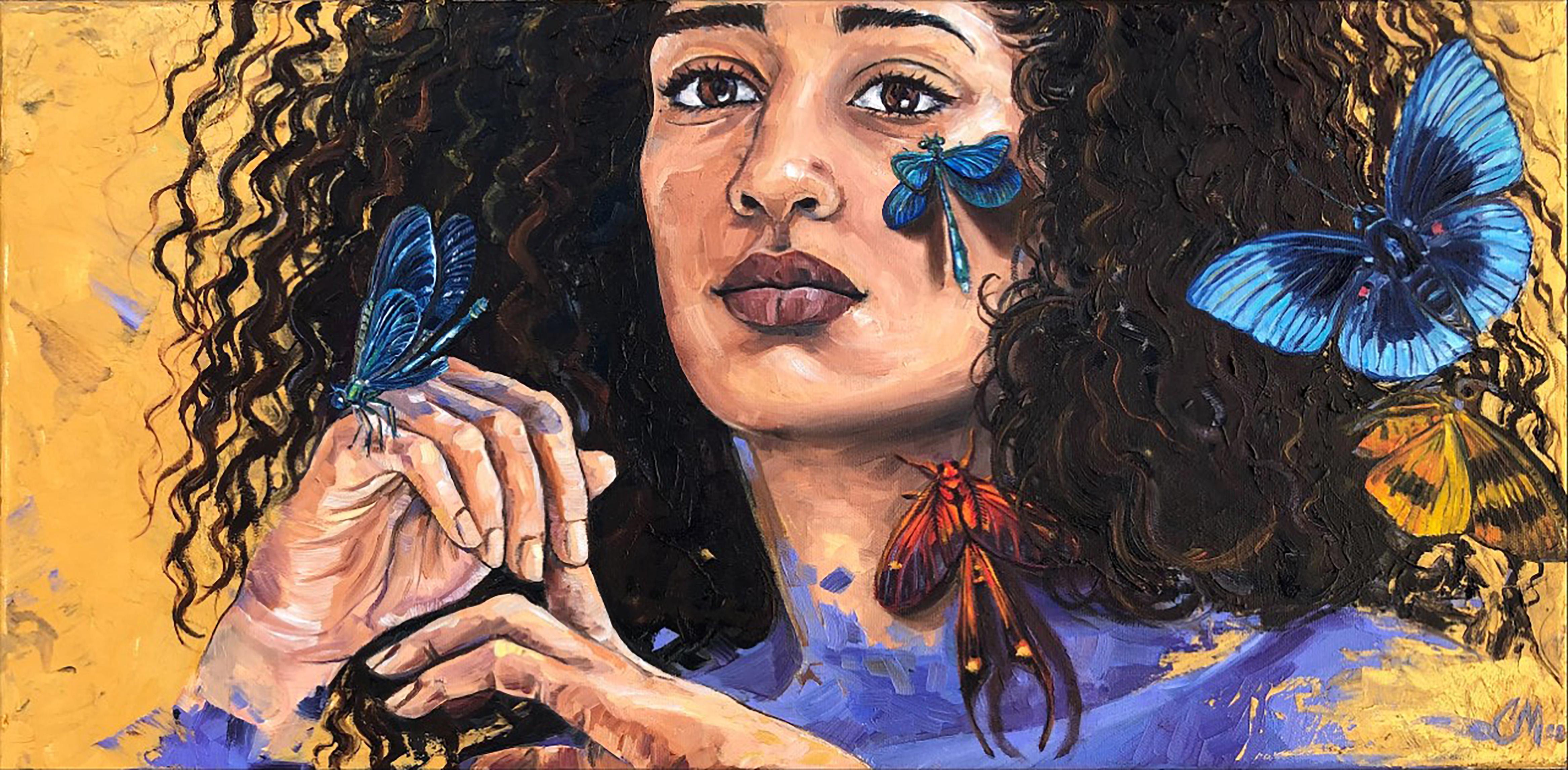 Realismus-Porträt mit Schmetterlingen, „In Deep Thought“