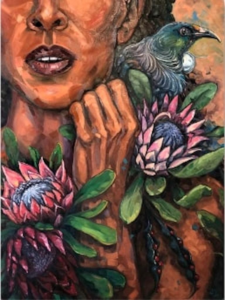 Figurative Painting de Charlene Mosley - Pintura Figurativa Surrealista, "D'or"