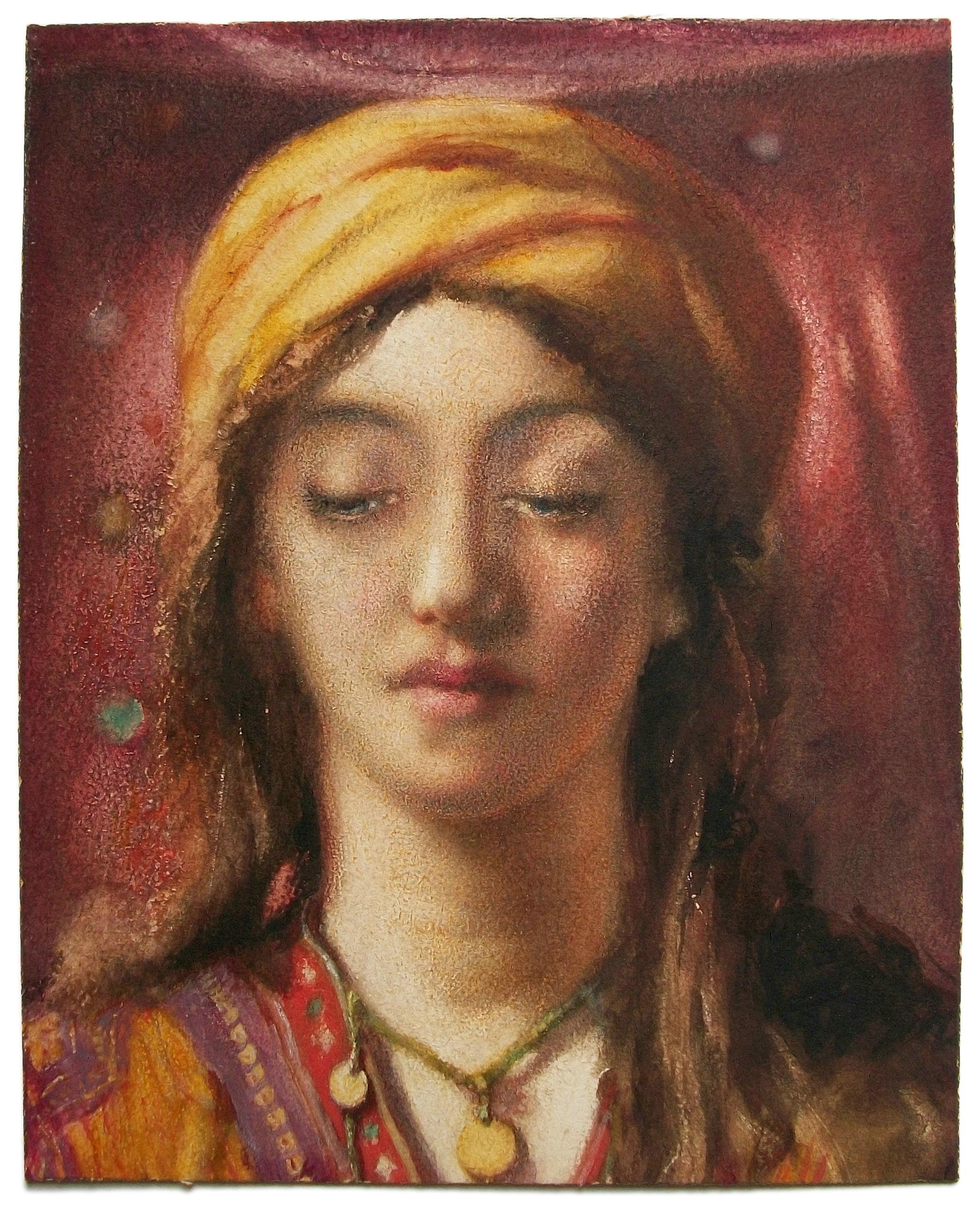 Charles ALFRED Hadfield (Künstler - geb. ca. 1856) - Außergewöhnliches antikes orientalisches Aquarell-Porträtgemälde auf Papier (auf Karton aufgelegt) - handgemalt - zeigt eine junge Frau aus dem Nahen Osten mit Turban - signiert und datiert verso