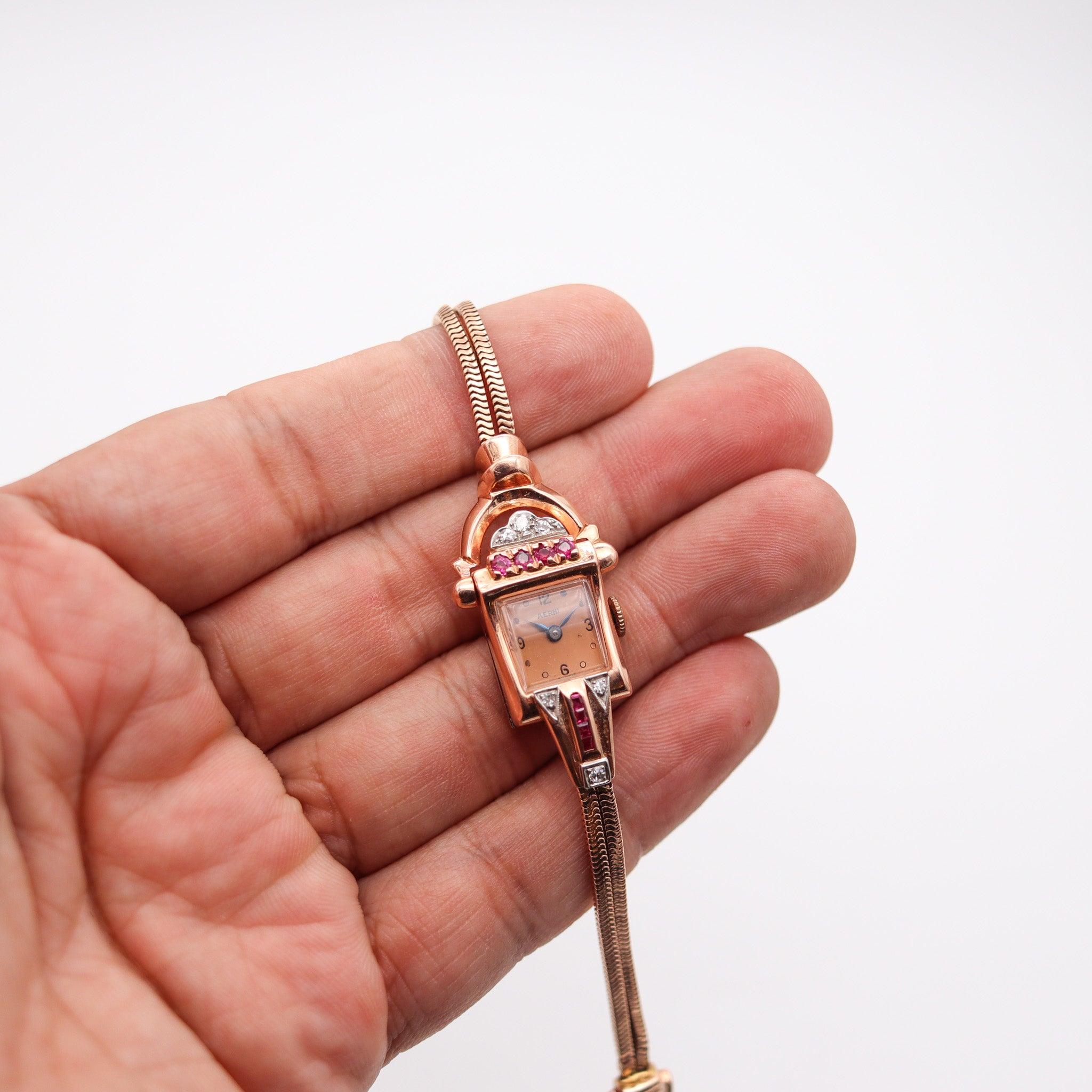 CHARLES AERNI 1938 Art Deco Damenarmbanduhr 14Kt Roségold Rubine & Diamanten im Angebot 5