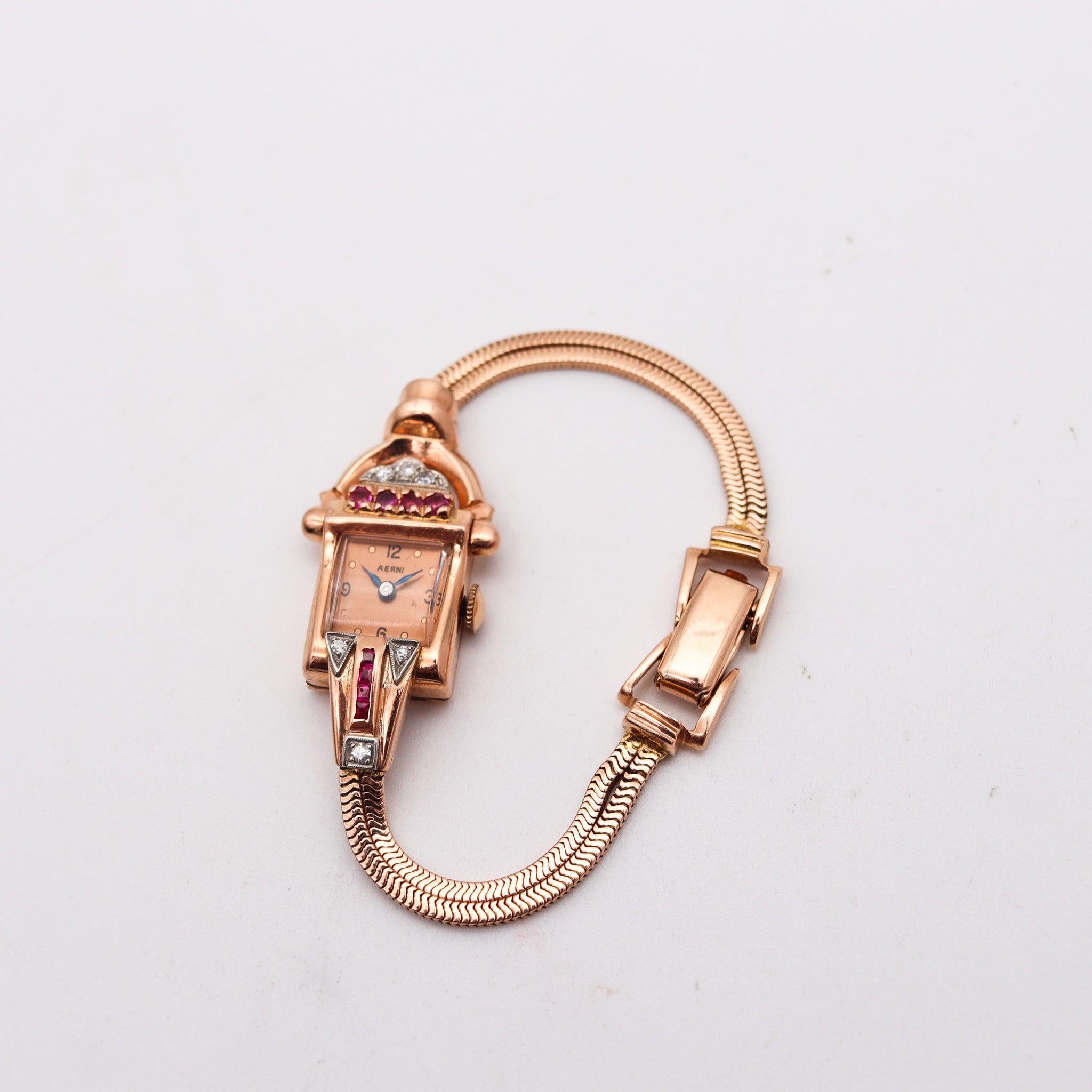 CHARLES AERNI 1938 Art Deco Damenarmbanduhr 14Kt Roségold Rubine & Diamanten (Art déco) im Angebot