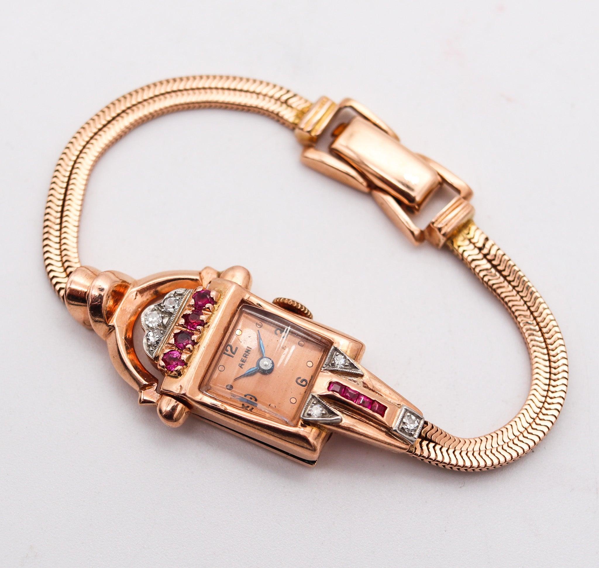 CHARLES AERNI 1938 Art Deco Damenarmbanduhr 14Kt Roségold Rubine & Diamanten (Alteuropäischer Schliff) im Angebot