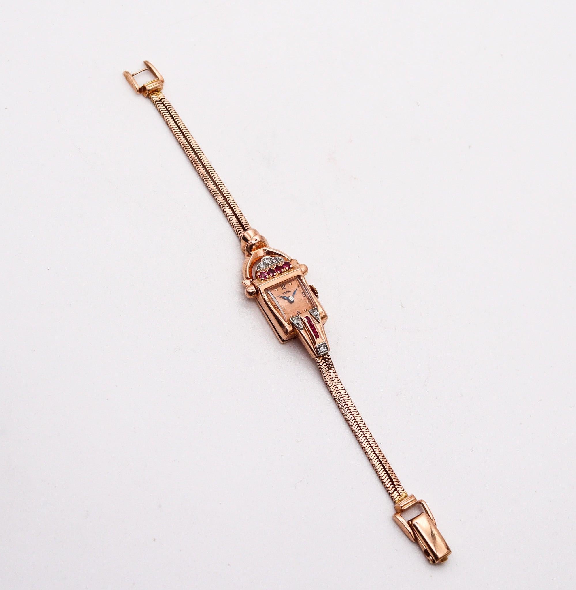 CHARLES AERNI 1938 Art Deco Damenarmbanduhr 14Kt Roségold Rubine & Diamanten im Angebot 1