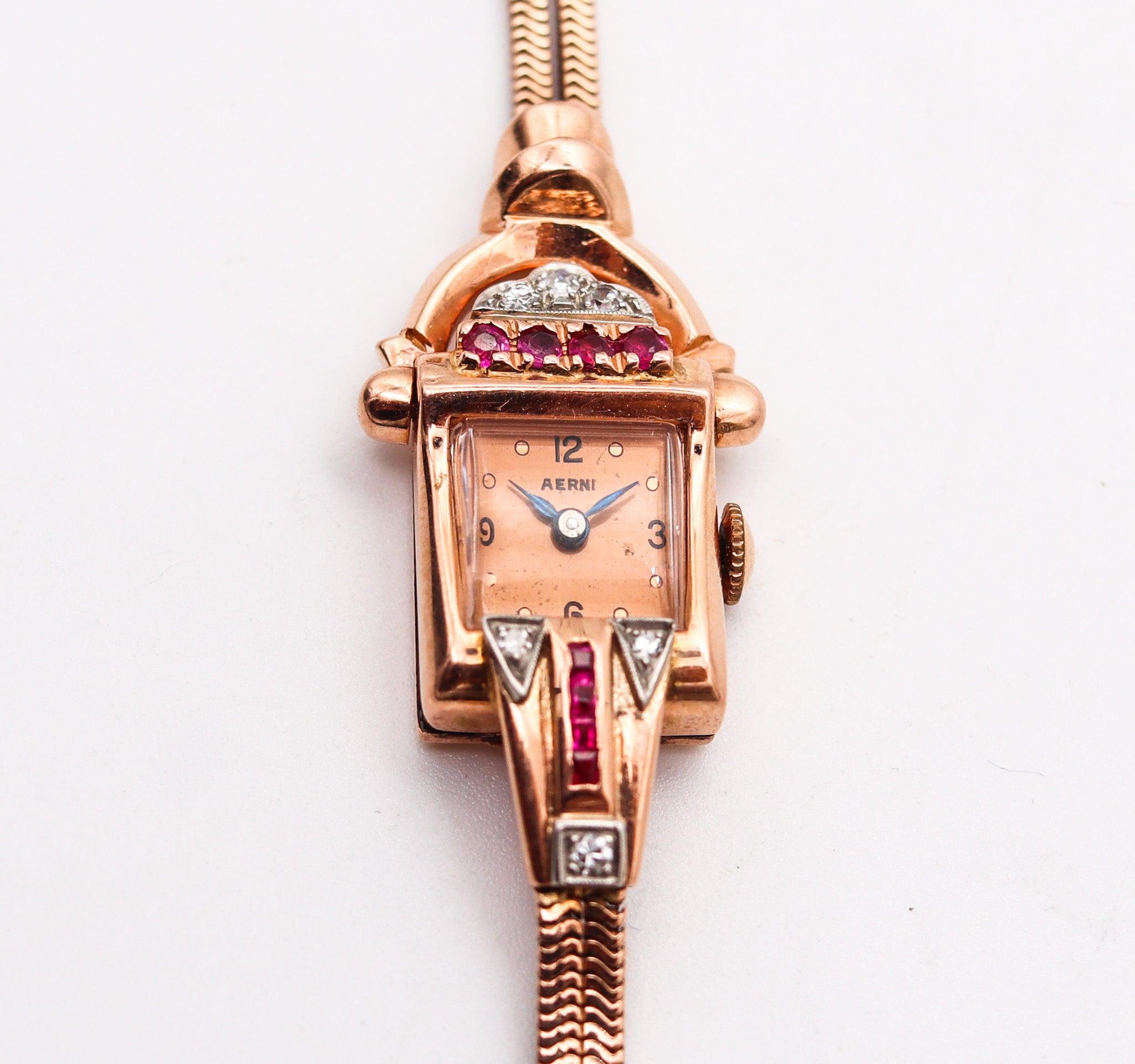 CHARLES AERNI 1938 Art Deco Damenarmbanduhr 14Kt Roségold Rubine & Diamanten im Angebot 2