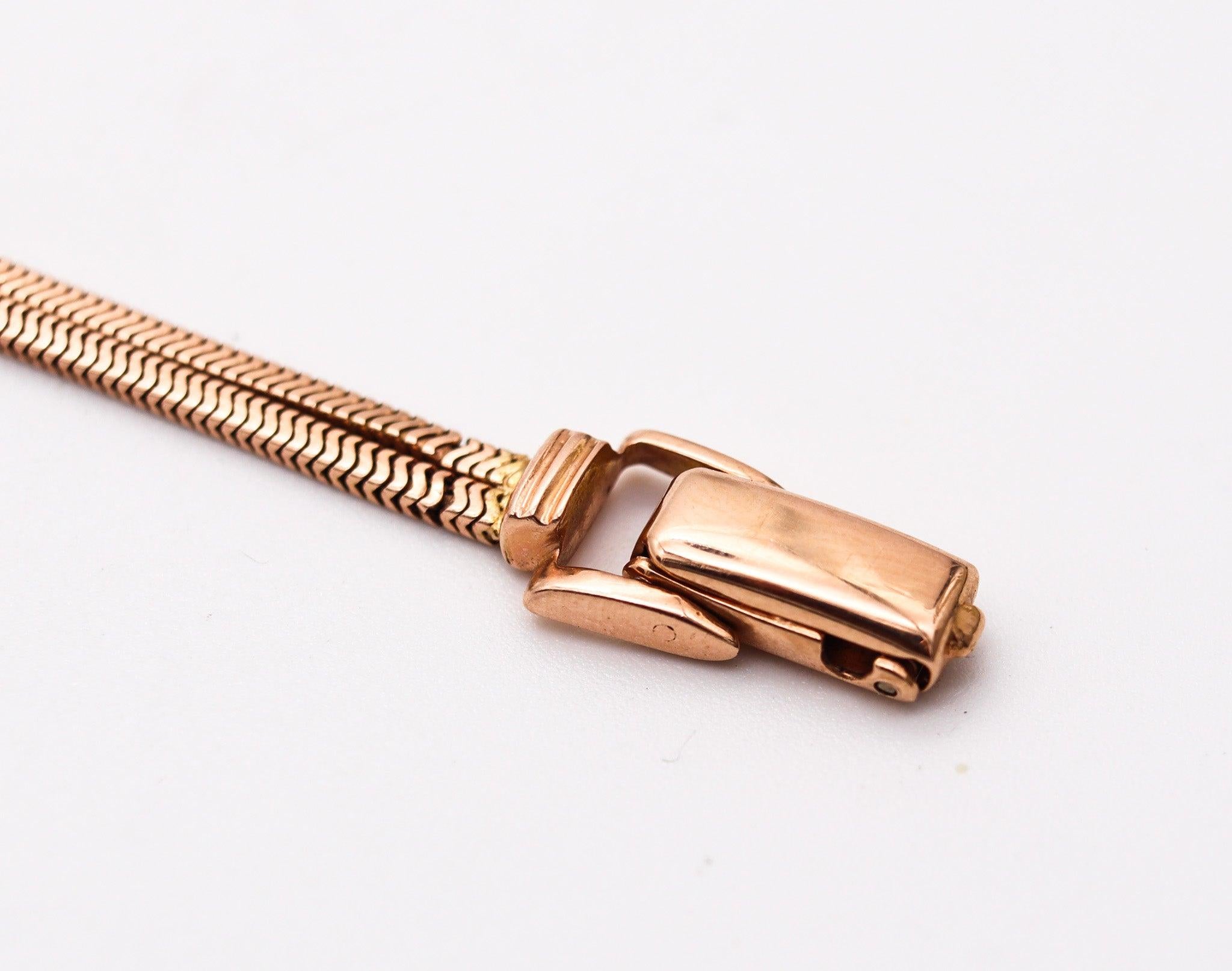 CHARLES AERNI 1938 Art Deco Damenarmbanduhr 14Kt Roségold Rubine & Diamanten im Angebot 3