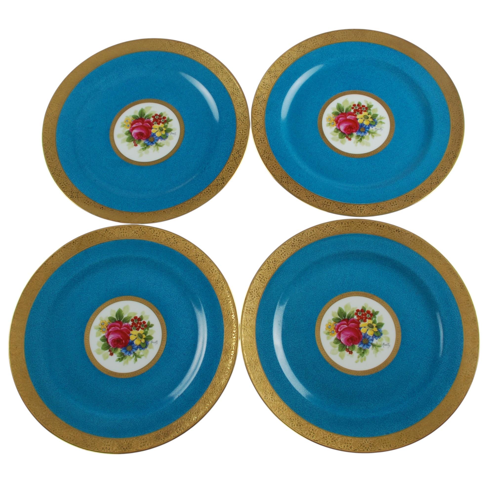 French Charles Ahrenfeldt Limoges Gilt Encrusted Hand-Painted Cabinet Plates, Set of 12 For Sale
