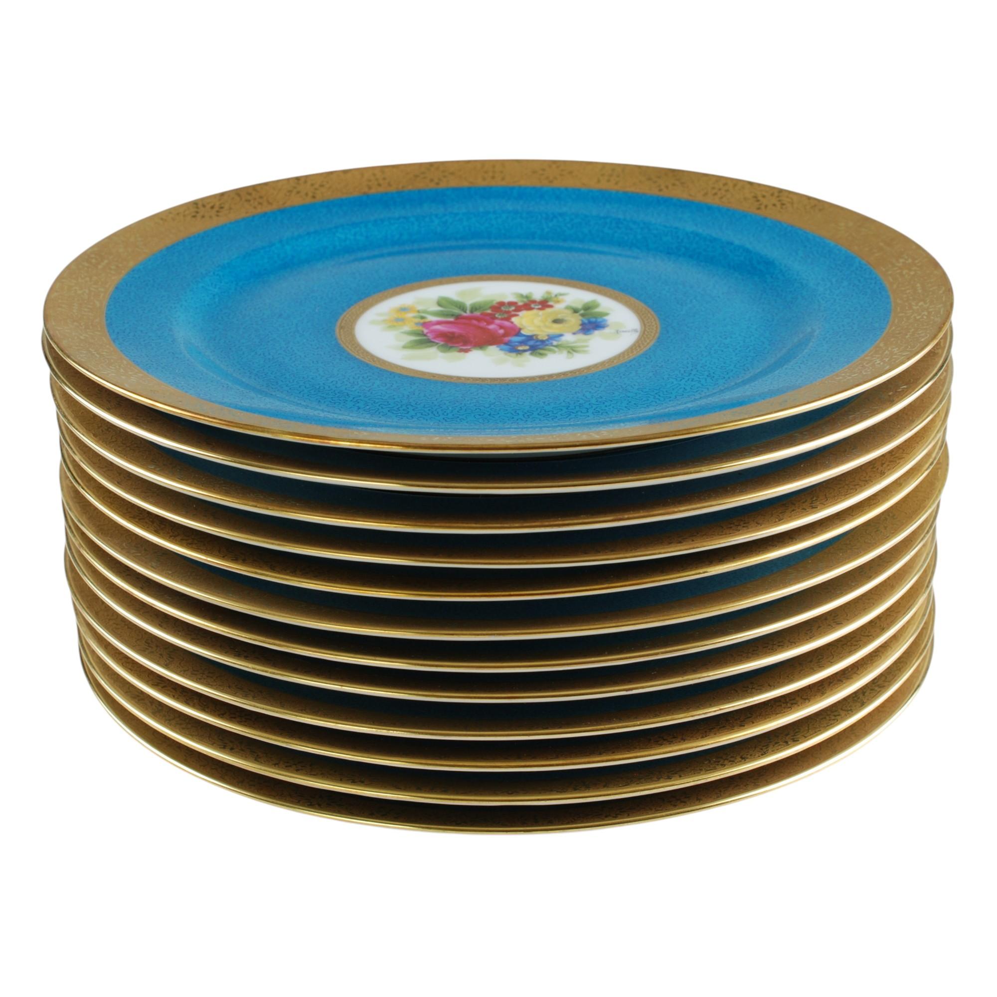 19th Century Charles Ahrenfeldt Limoges Gilt Encrusted Hand-Painted Cabinet Plates, Set of 12 For Sale