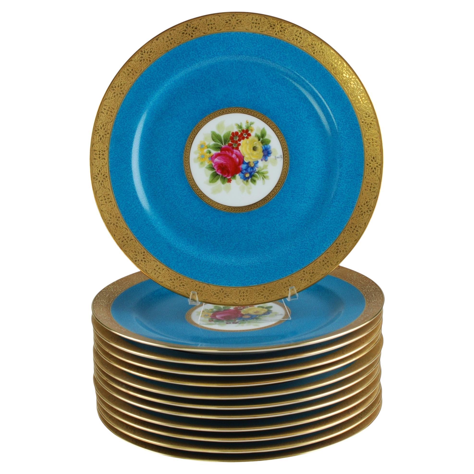 Charles Ahrenfeldt Limoges Gilt Encrusted Hand-Painted Cabinet Plates, Set of 12