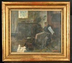 Signed Antique Oil Woman at Spinning Wheel Cottage Interior