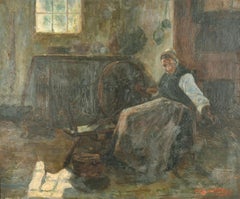 Signed Antique Oil Woman at Spinning Wheel Cottage Interior
