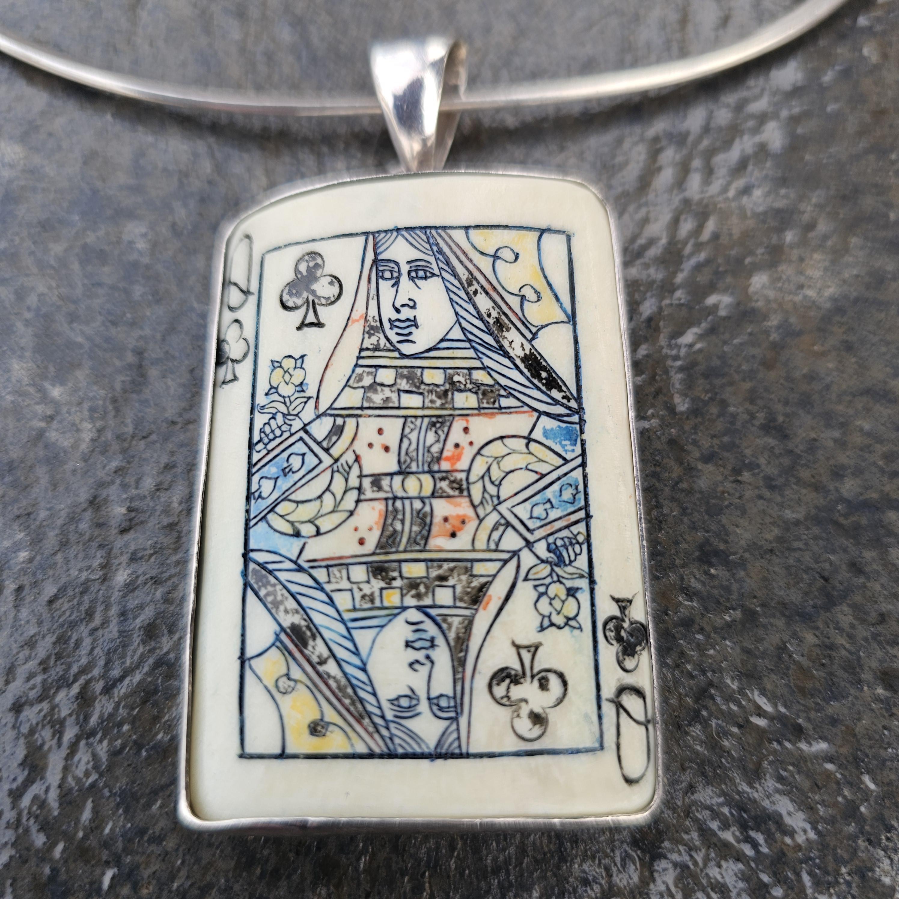 Women's Charles Albert Queen of Clubs Playing Card Pendant Sterling Silver Collar Chain For Sale