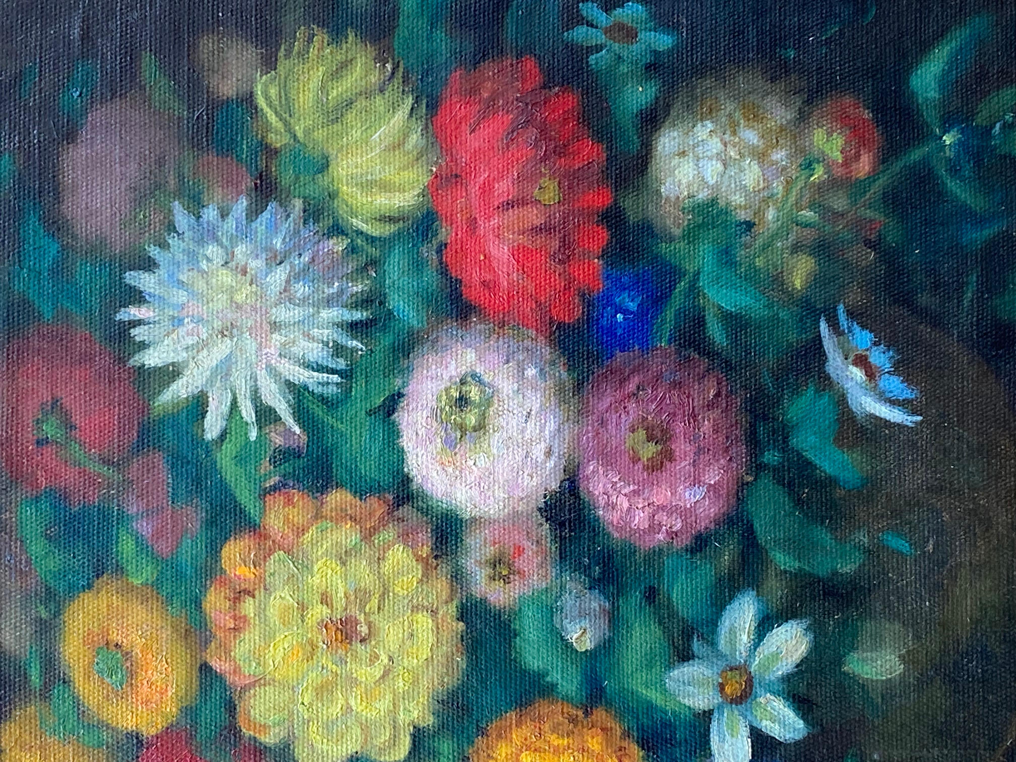 Hermoso y vibrante cuadro al óleo sobre lienzo de un ramo de flores en un jarrón atribuido a la mano de Charles Alfred Meurer.  Verificado como pintado por Charles Meurer por su hija. Ver foto del reverso del lienzo en el que se indica que. 
