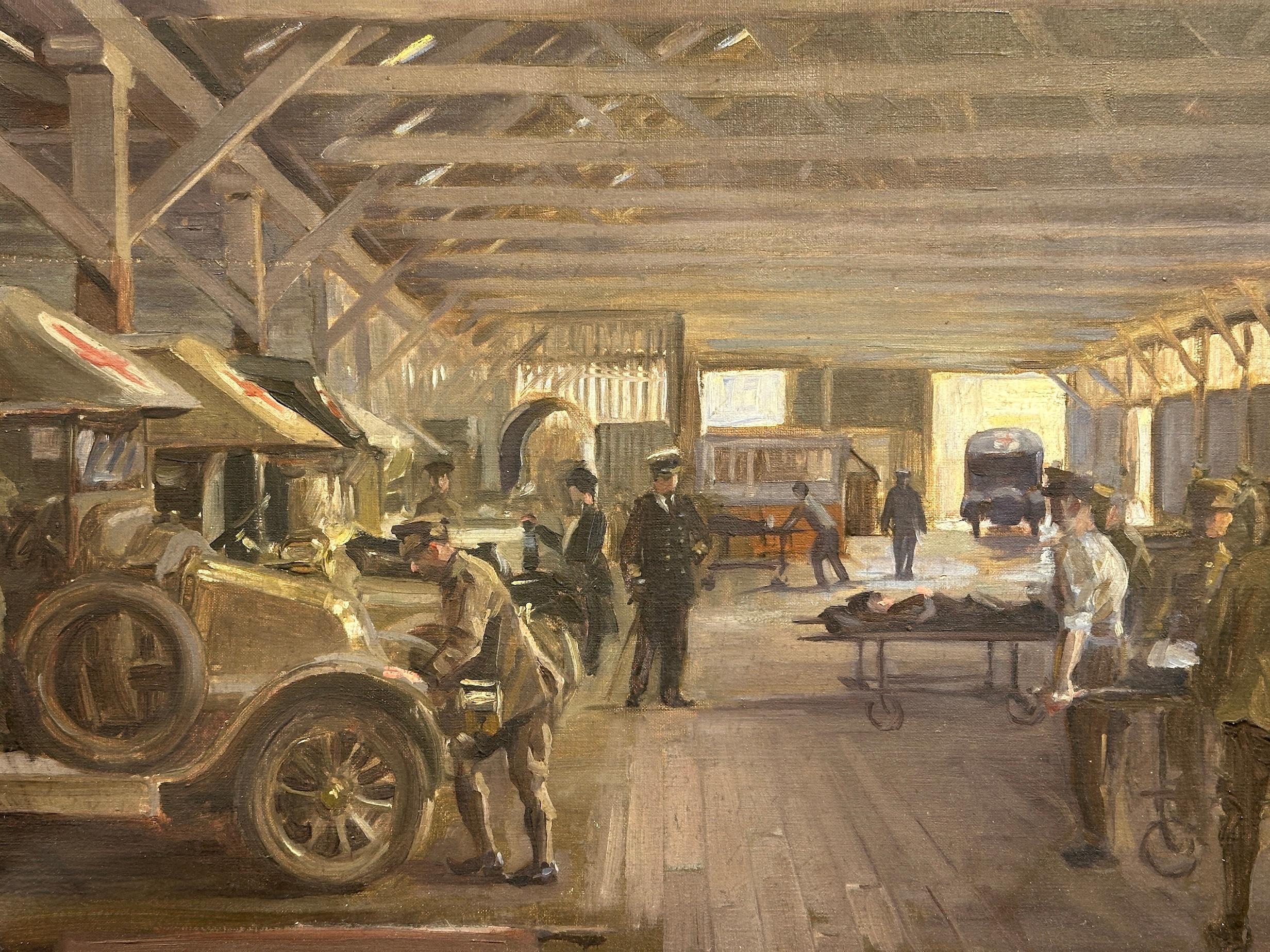 Englisches Militär des 1. Weltkriegs Navy oder Army Military Motor Ambulance Station – Painting von Charles Allan Cooke
