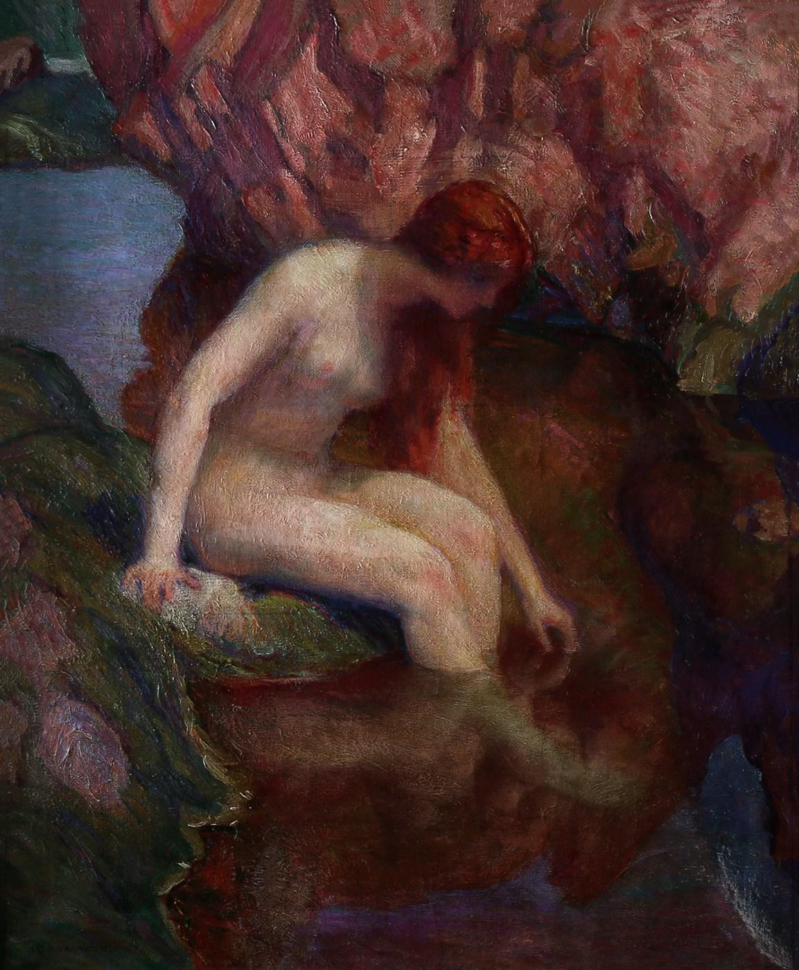 Her Reflection In A Stream - Black Nude Painting by Charles Allan Winter