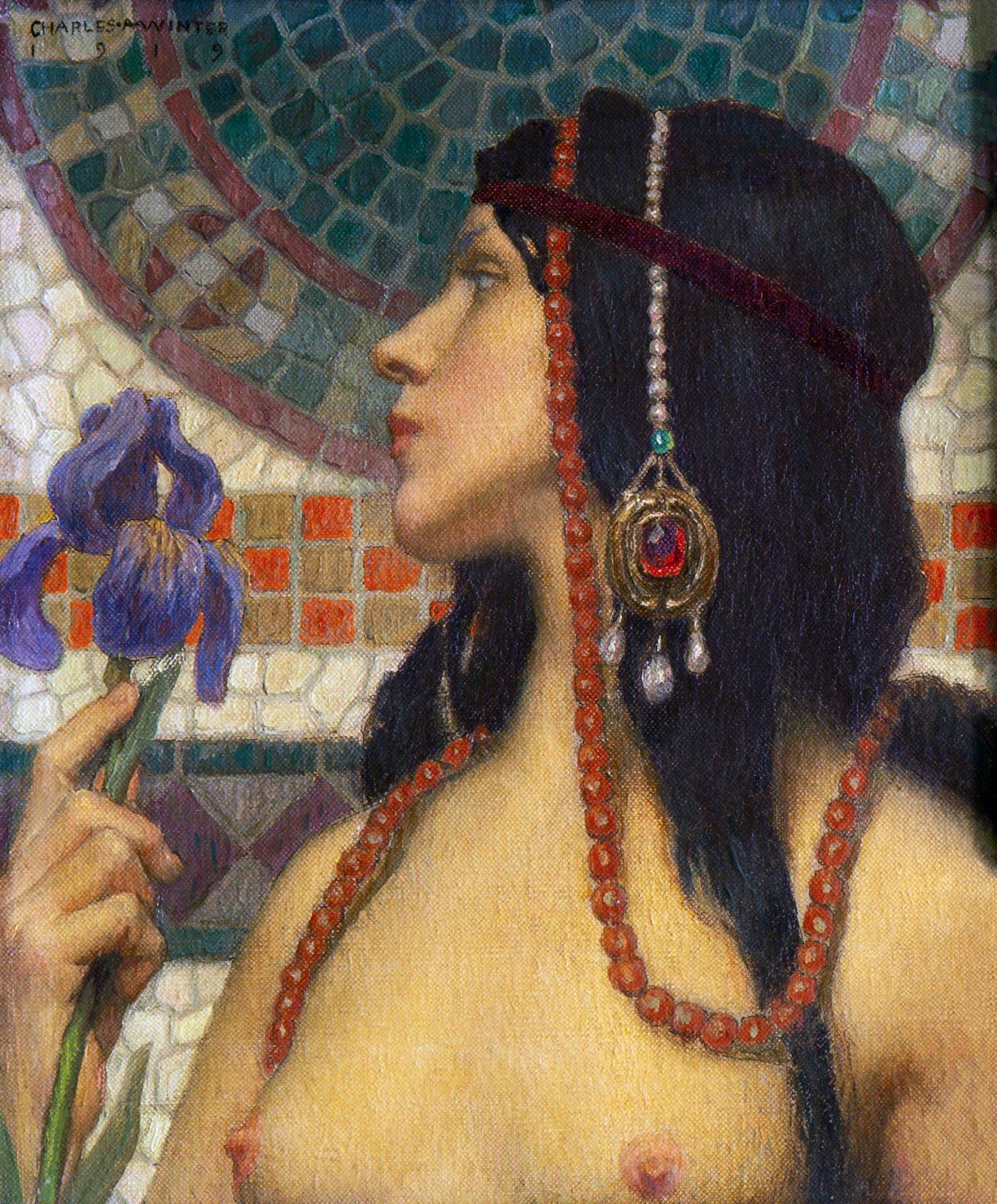 Vierge Art Nouveau avec iris violet - Noir Figurative Painting par Charles Winter