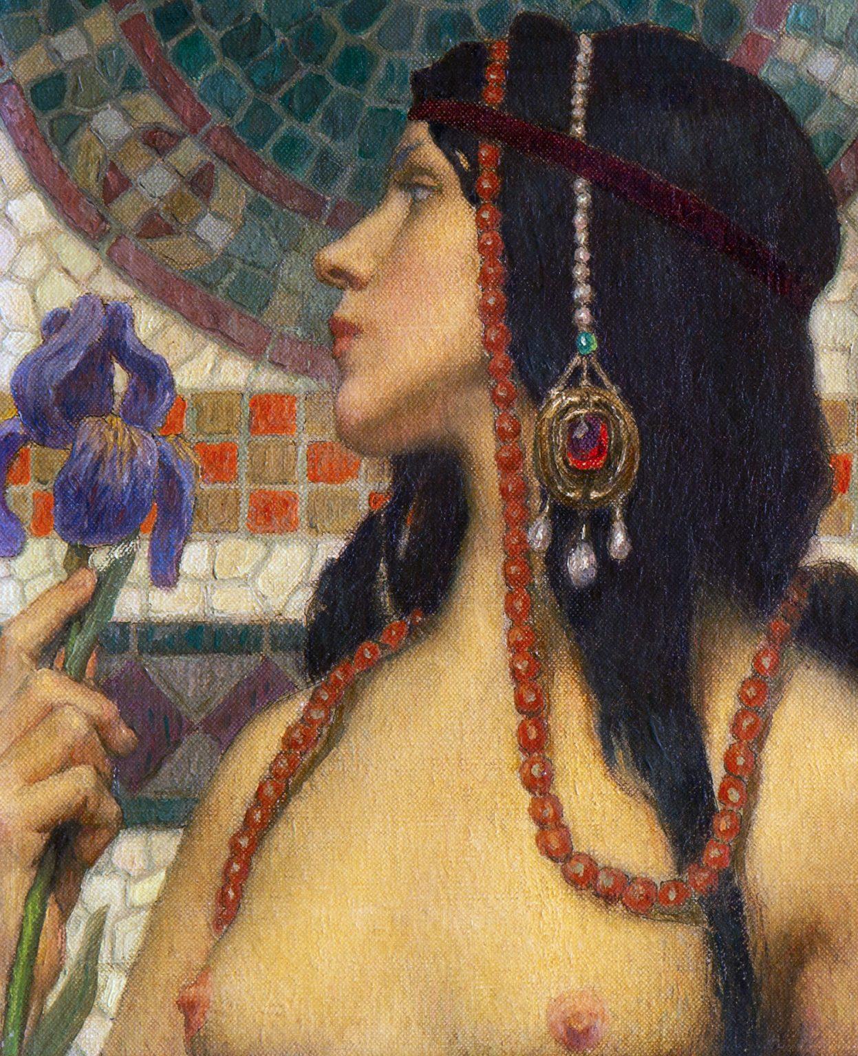 Charles Winter Figurative Painting - Art Nouveau Maiden with Purple Iris