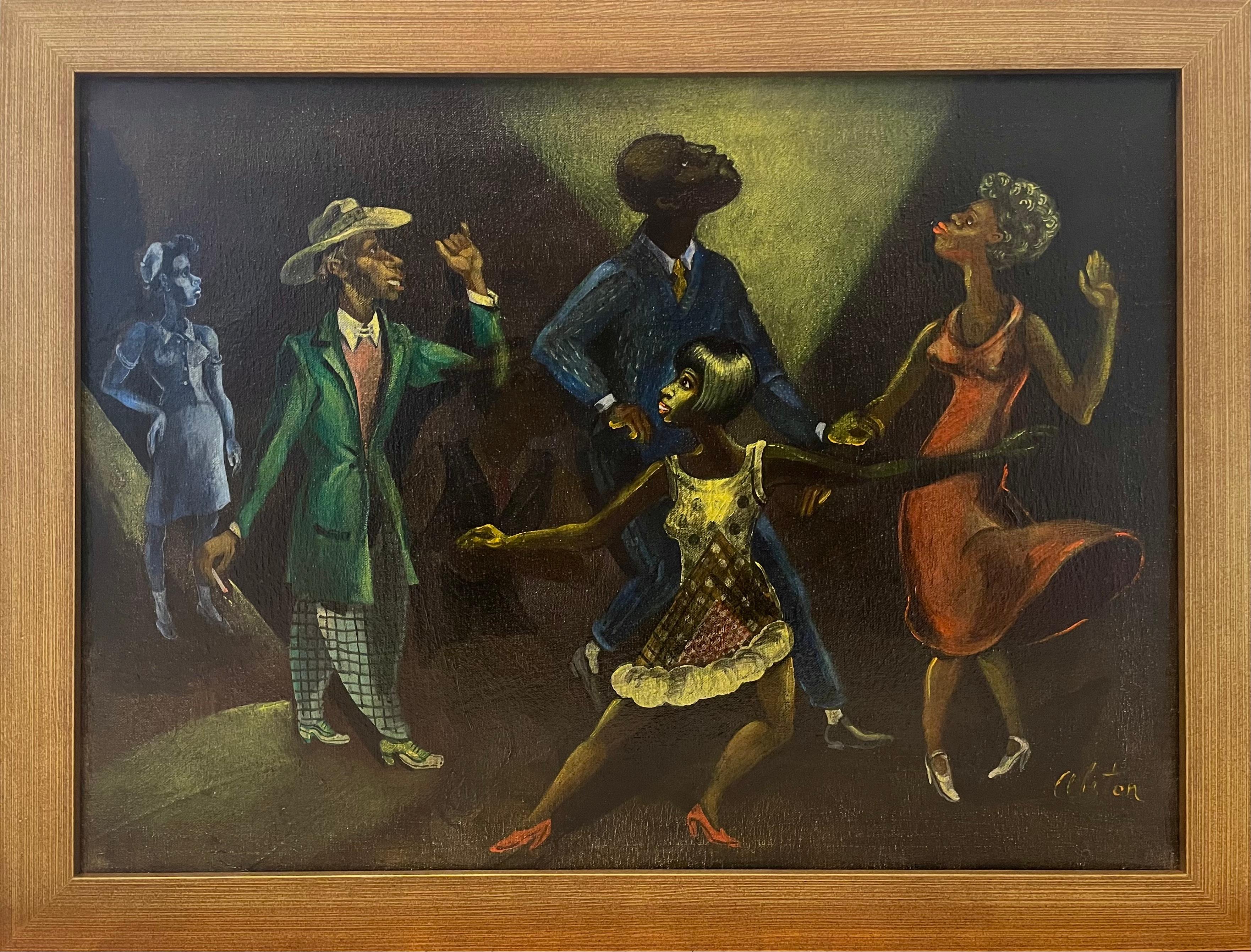Peinture signée « Alston » : Des personnages afro-américains noirs dans une salle de danse de Harlem - Painting de Charles Alston